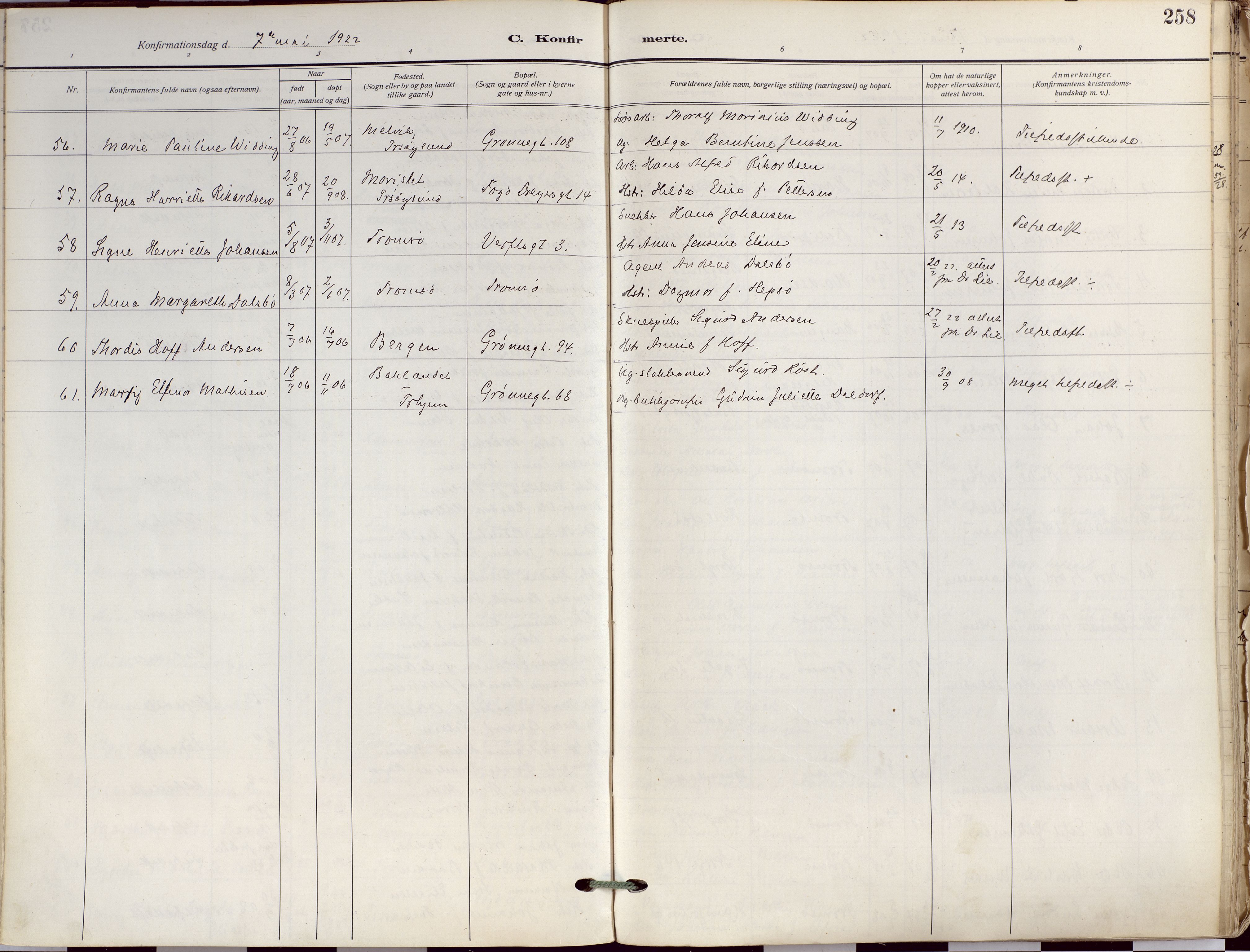 Tromsø sokneprestkontor/stiftsprosti/domprosti, AV/SATØ-S-1343/G/Ga/L0019kirke: Parish register (official) no. 19, 1917-1927, p. 258