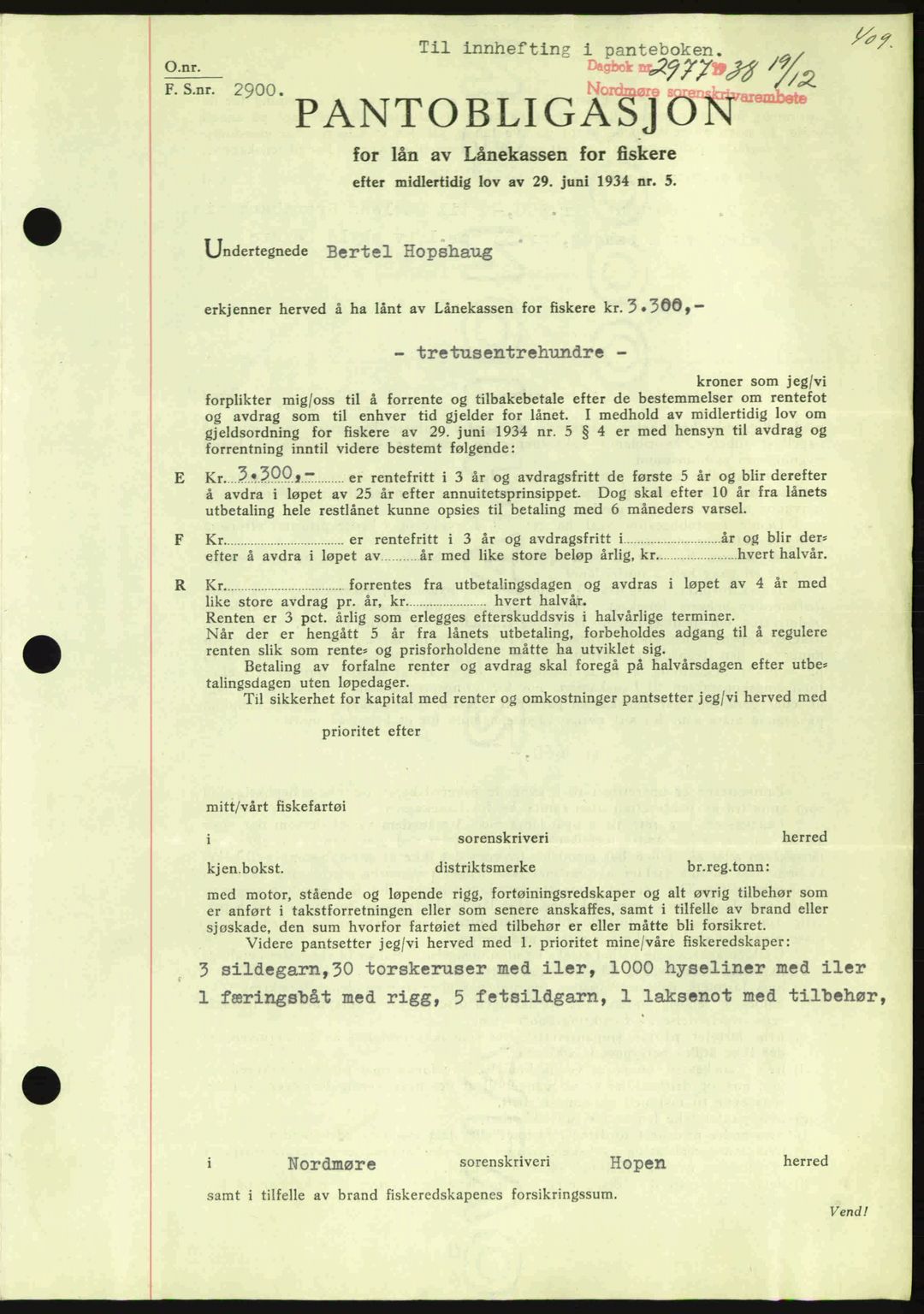 Nordmøre sorenskriveri, SAT/A-4132/1/2/2Ca: Mortgage book no. B84, 1938-1939, Diary no: : 2977/1938