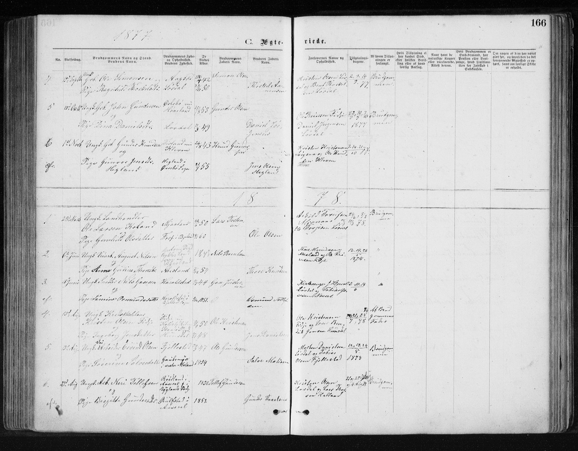 Holum sokneprestkontor, SAK/1111-0022/F/Fb/Fbb/L0003: Parish register (copy) no. B 3, 1875-1898, p. 166