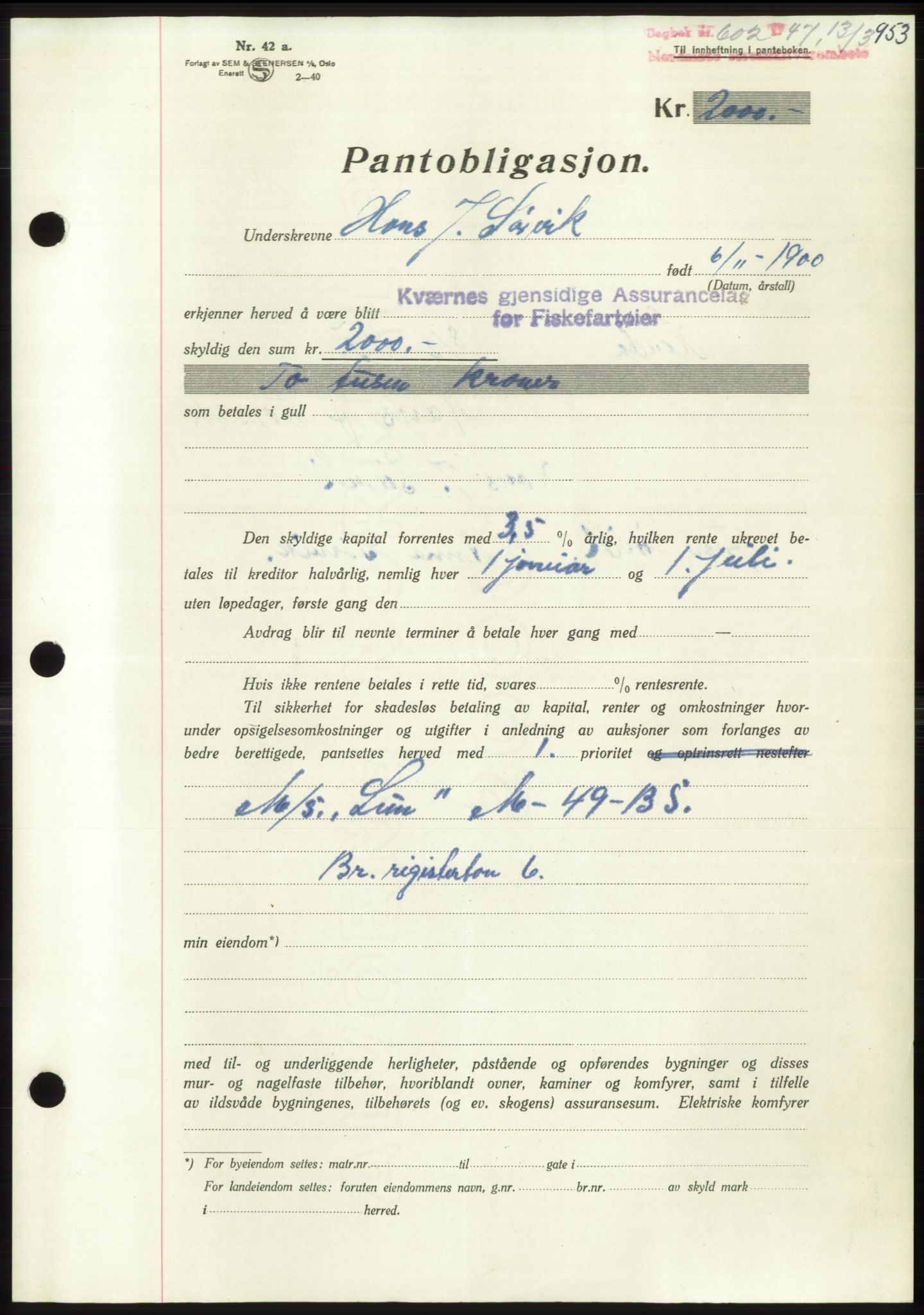 Nordmøre sorenskriveri, AV/SAT-A-4132/1/2/2Ca: Mortgage book no. B95, 1946-1947, Diary no: : 602/1947