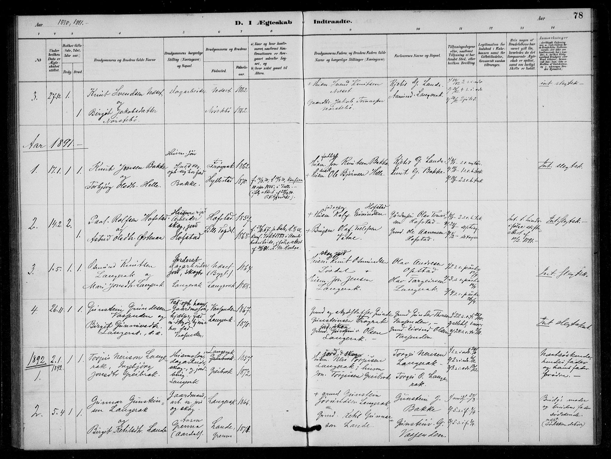 Bygland sokneprestkontor, SAK/1111-0006/F/Fa/Fad/L0001: Parish register (official) no. A 1, 1885-1906, p. 78