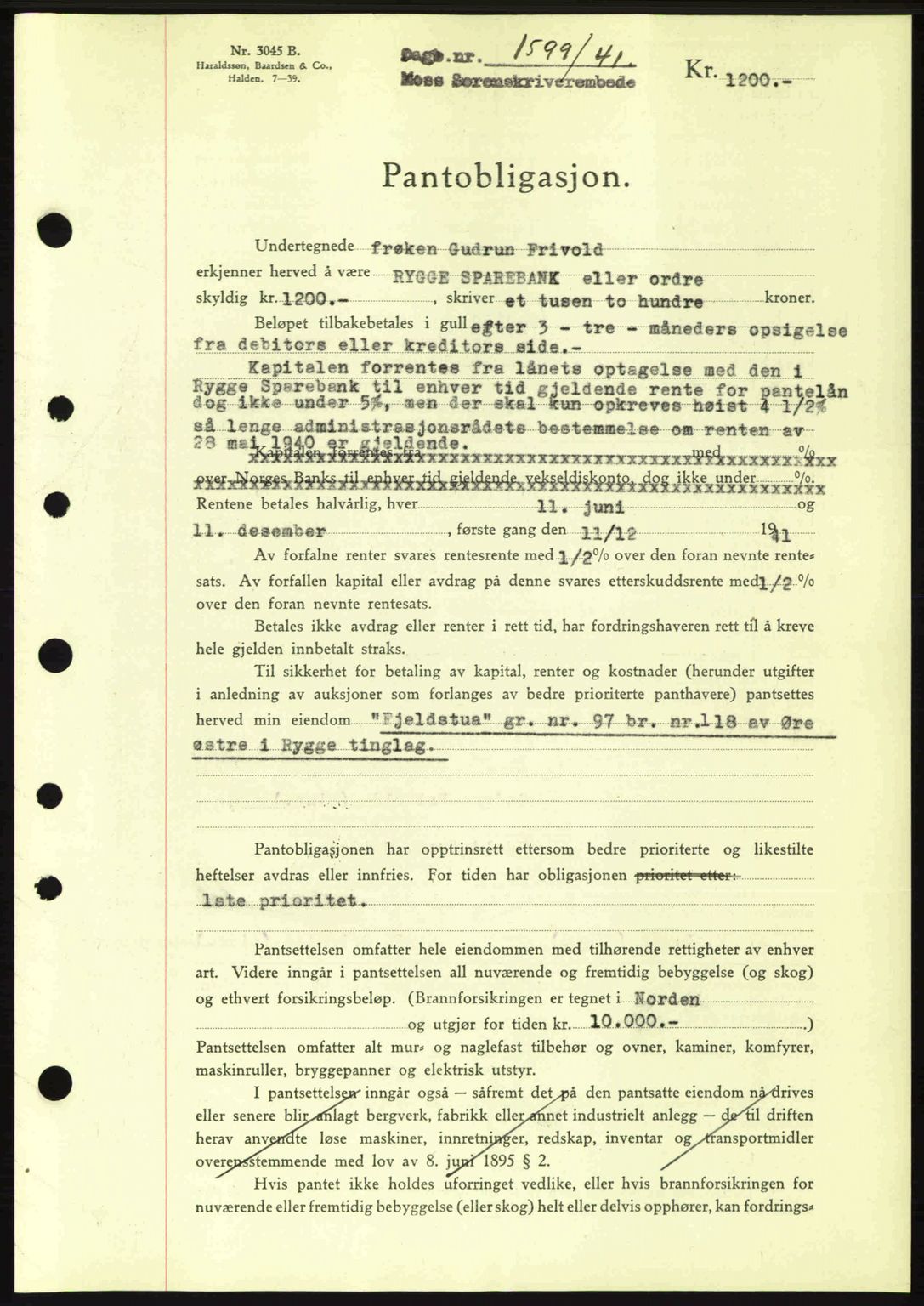 Moss sorenskriveri, AV/SAO-A-10168: Mortgage book no. B11, 1941-1942, Diary no: : 1599/1941