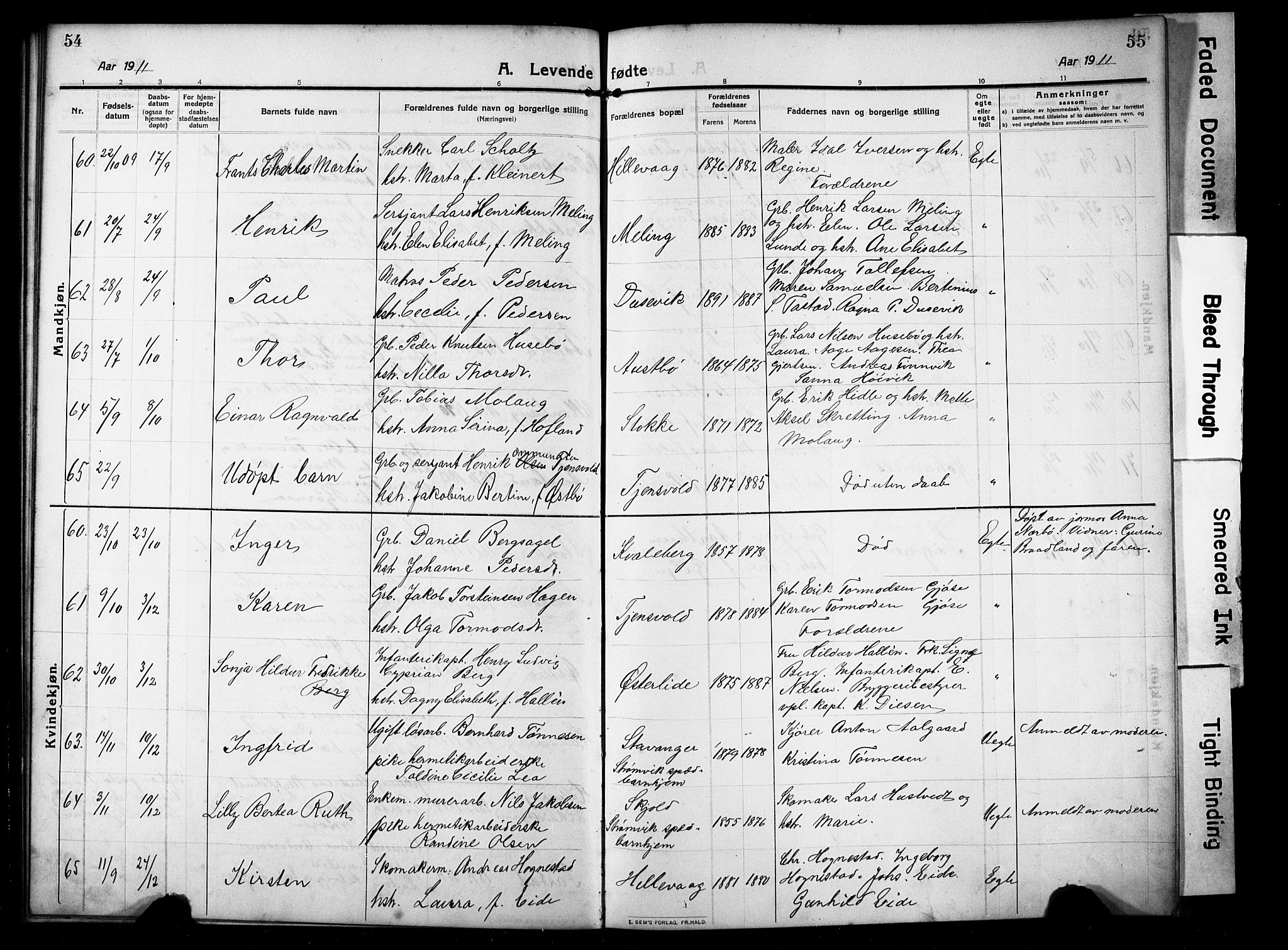 Hetland sokneprestkontor, AV/SAST-A-101826/30/30BB/L0008: Parish register (copy) no. B 8, 1910-1921, p. 54-55