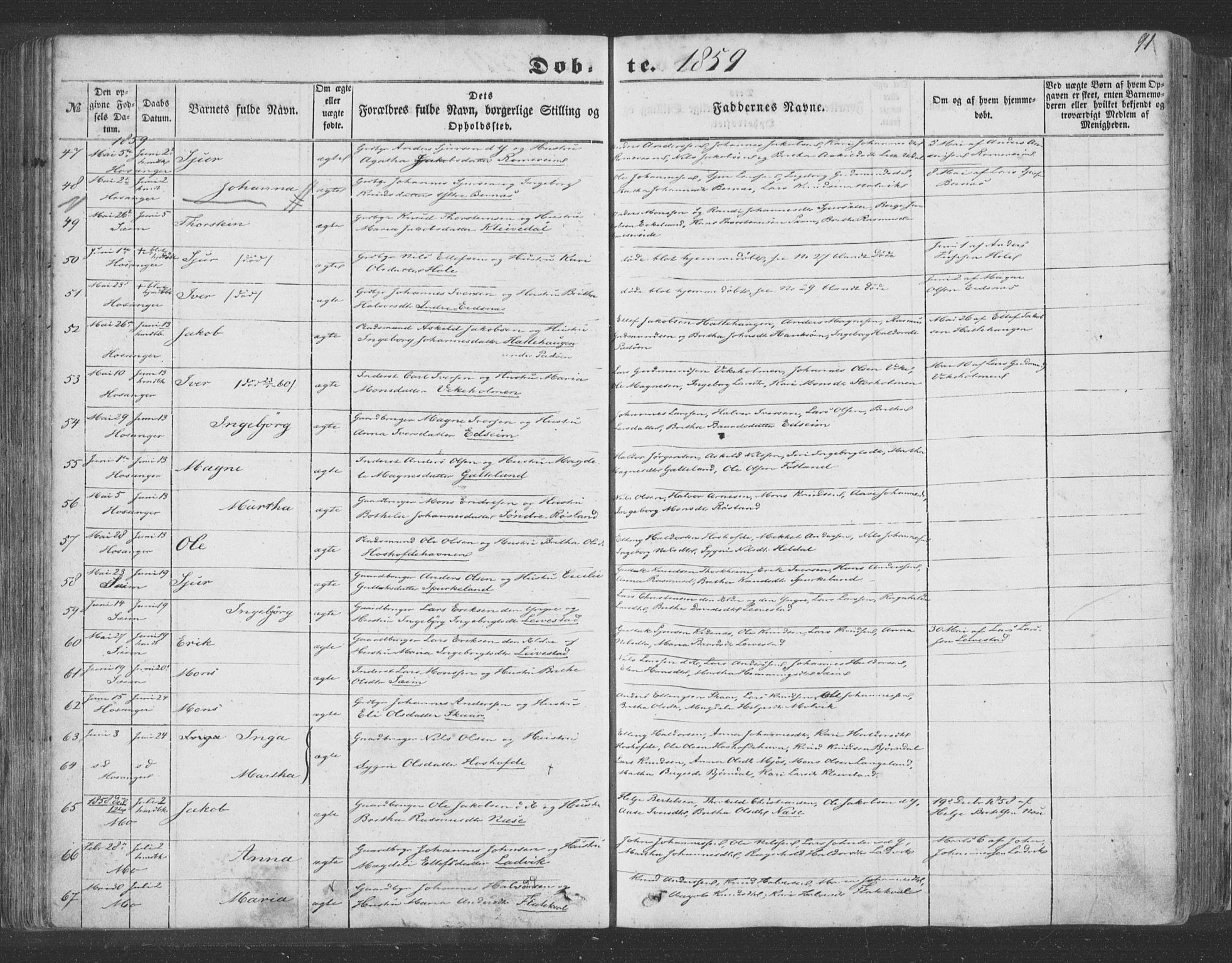 Hosanger sokneprestembete, AV/SAB-A-75801/H/Haa: Parish register (official) no. A 8, 1849-1863, p. 91