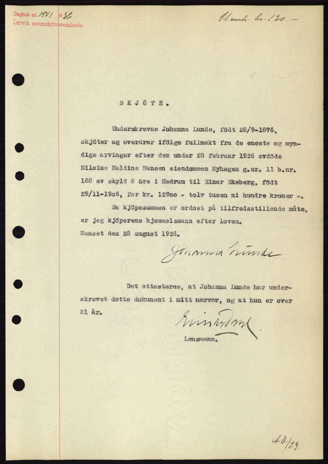 Larvik sorenskriveri, SAKO/A-83/G/Ga/Gab/L0067: Mortgage book no. A-1, 1936-1937, Diary no: : 1541/1936