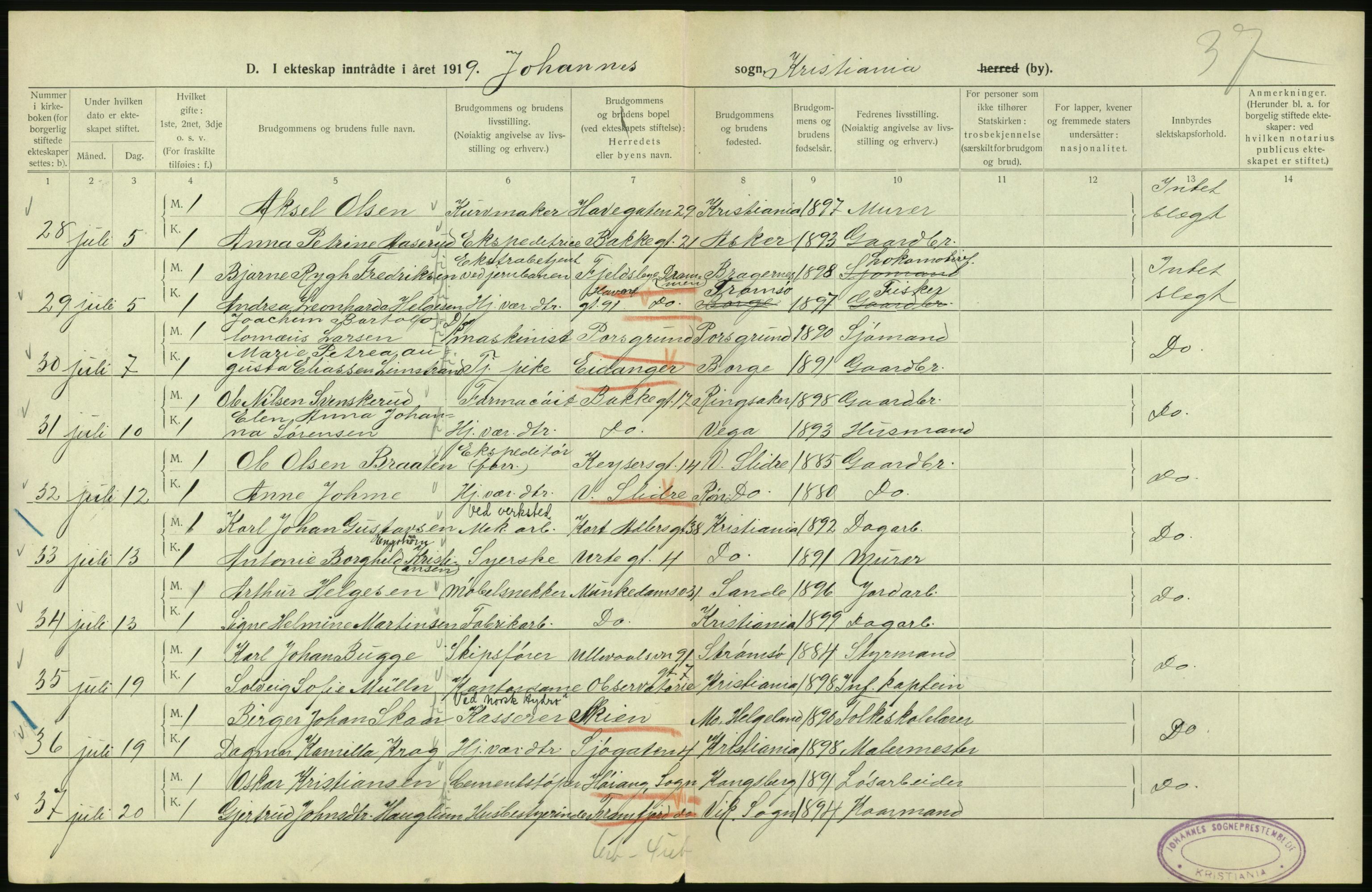 Statistisk sentralbyrå, Sosiodemografiske emner, Befolkning, AV/RA-S-2228/D/Df/Dfb/Dfbi/L0009: Kristiania: Gifte, 1919, p. 144