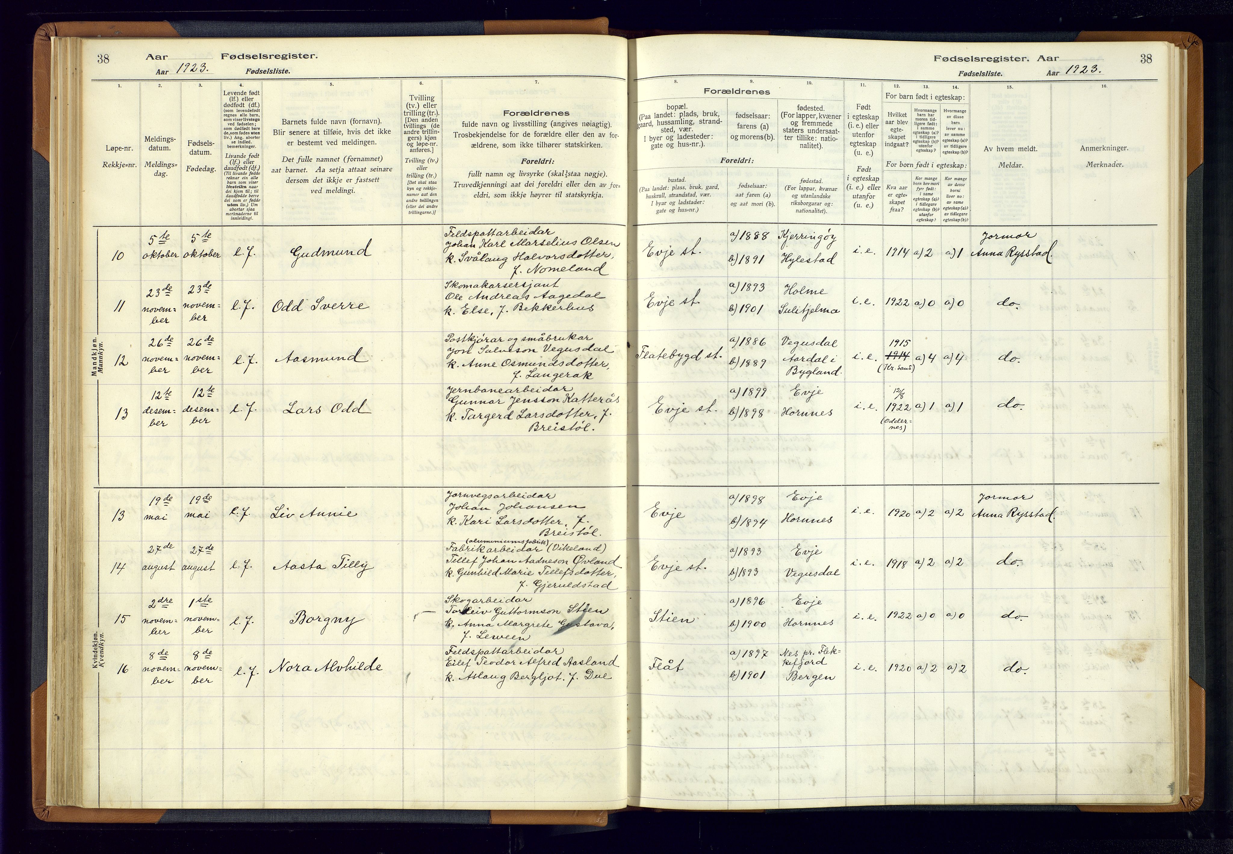 Evje sokneprestkontor, AV/SAK-1111-0008/J/Jc/L0004: Birth register no. 4, 1916-1968, p. 38