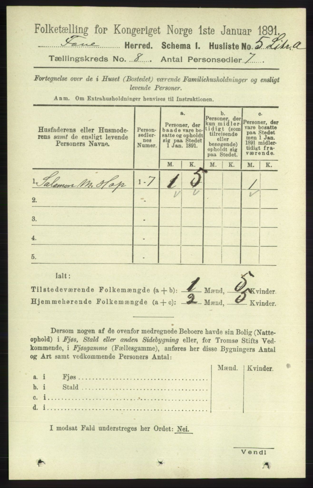 RA, 1891 census for 1249 Fana, 1891, p. 3290