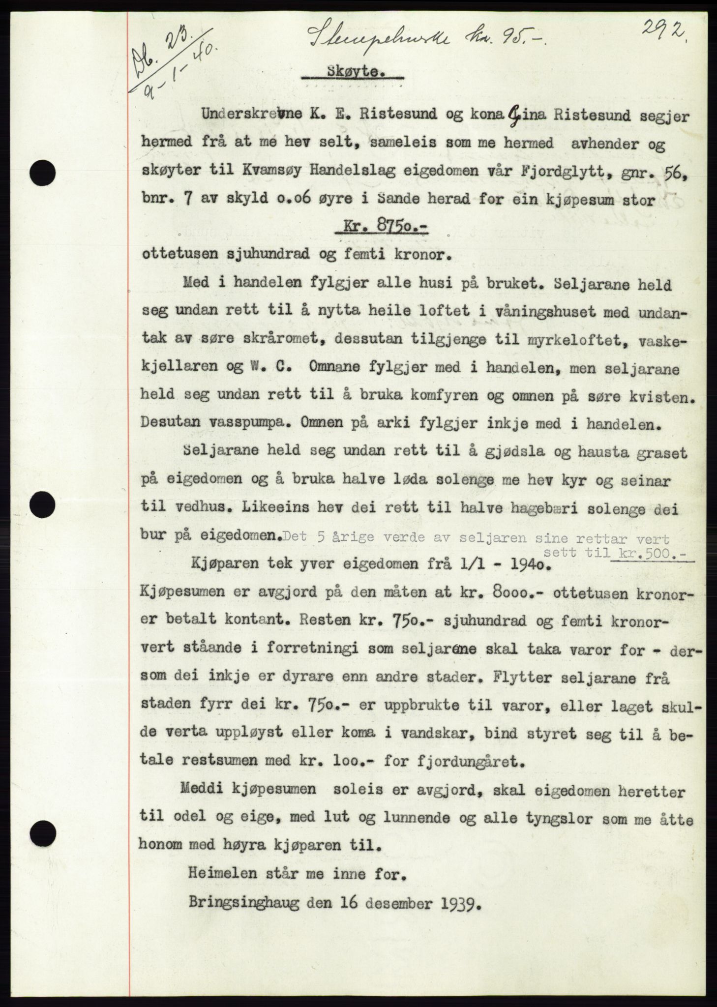 Søre Sunnmøre sorenskriveri, AV/SAT-A-4122/1/2/2C/L0069: Mortgage book no. 63, 1939-1940, Diary no: : 23/1940