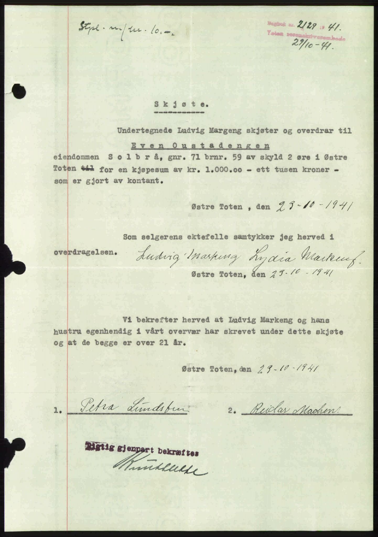Toten tingrett, SAH/TING-006/H/Hb/Hbc/L0008: Mortgage book no. Hbc-08, 1941-1941, Diary no: : 2129/1941