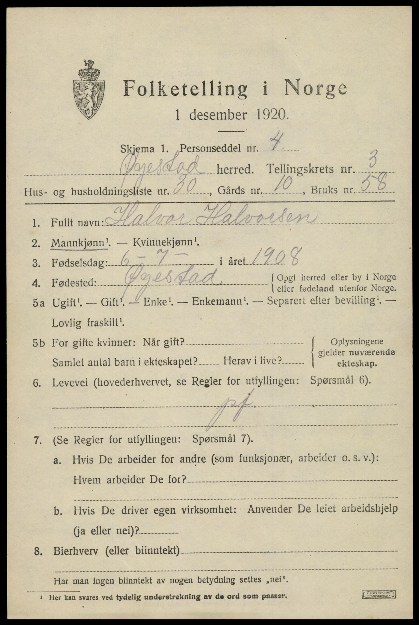 SAK, 1920 census for Øyestad, 1920, p. 2990