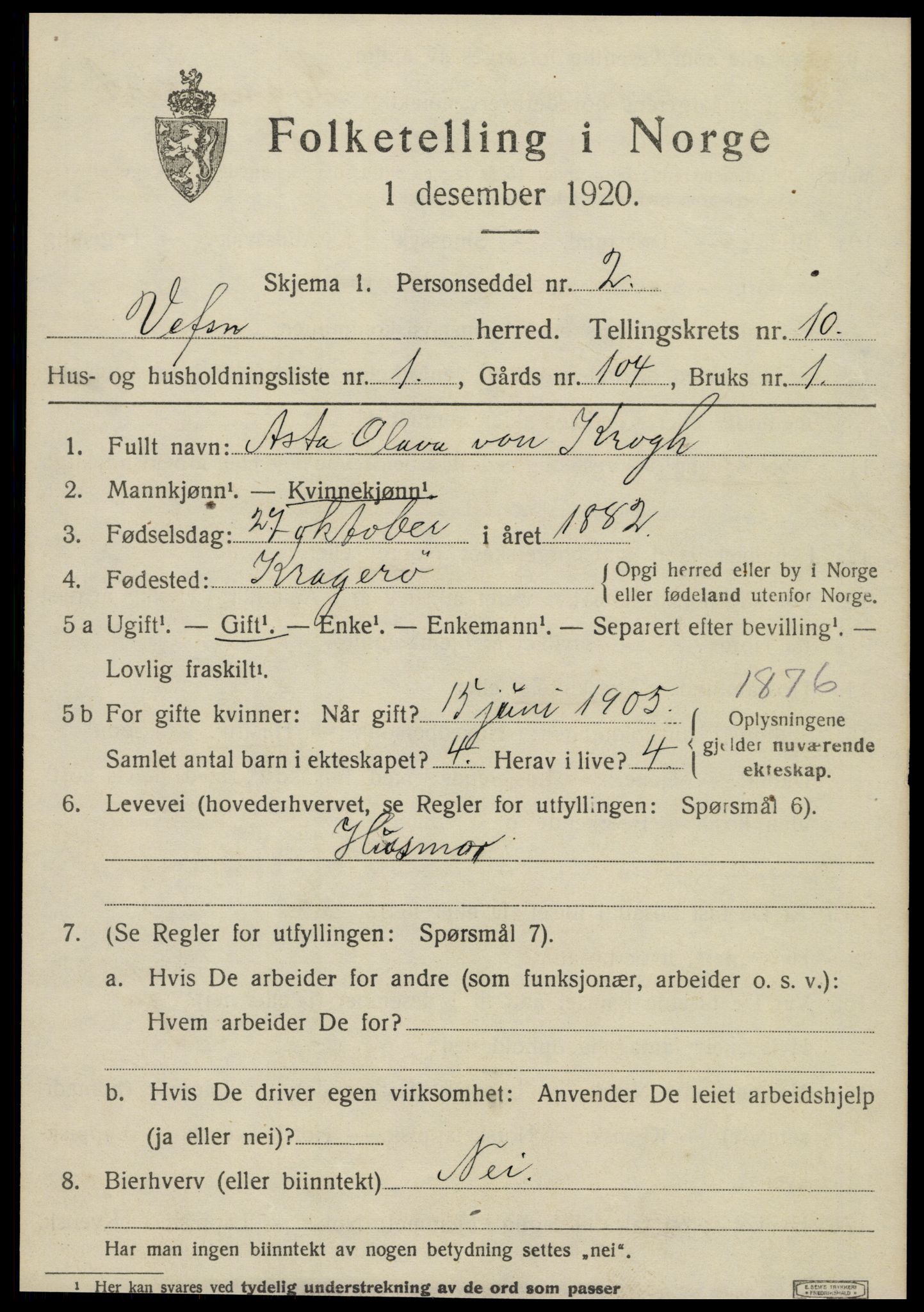 SAT, 1920 census for Vefsn, 1920, p. 6897