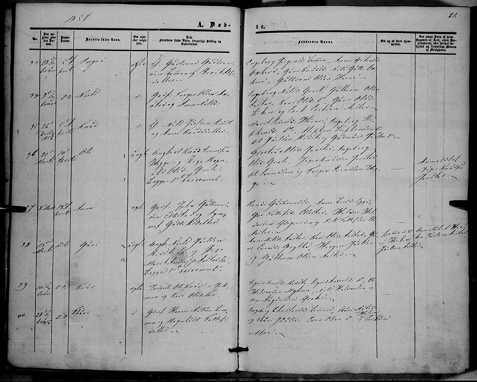 Vestre Slidre prestekontor, SAH/PREST-136/H/Ha/Haa/L0002: Parish register (official) no. 2, 1856-1864, p. 21