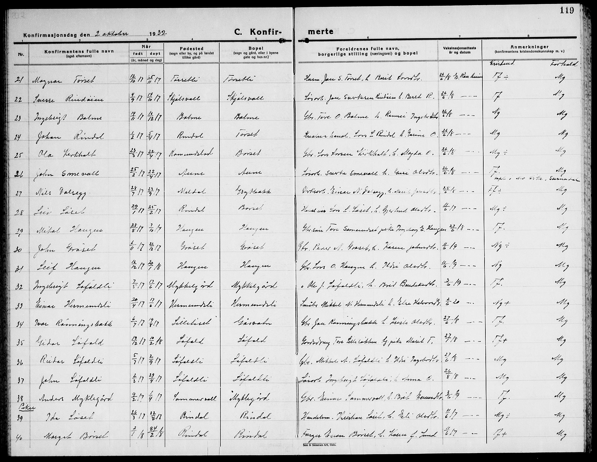 Ministerialprotokoller, klokkerbøker og fødselsregistre - Møre og Romsdal, SAT/A-1454/598/L1080: Parish register (copy) no. 598C05, 1927-1944, p. 119