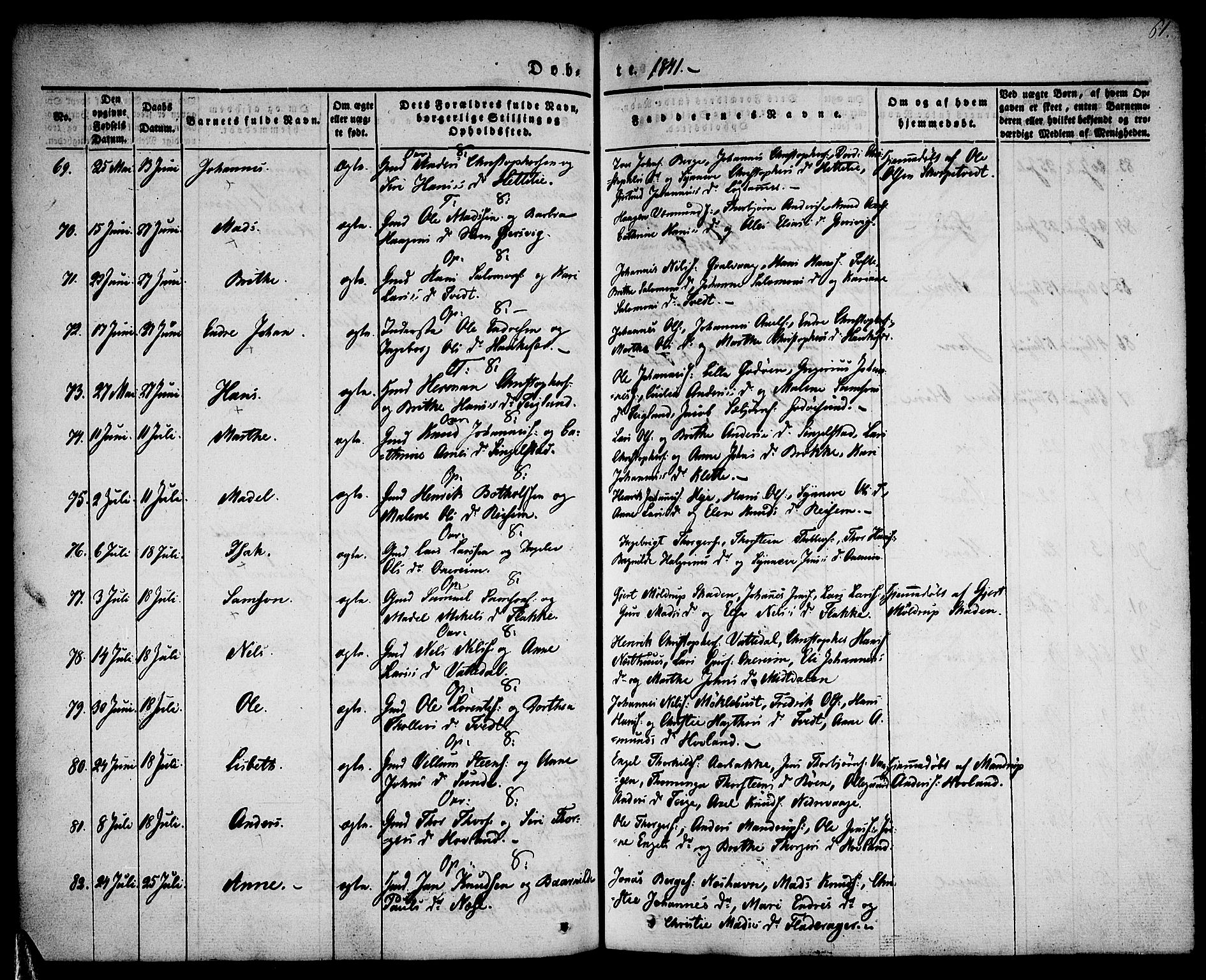 Tysnes sokneprestembete, SAB/A-78601/H/Haa: Parish register (official) no. A 9, 1837-1848, p. 61