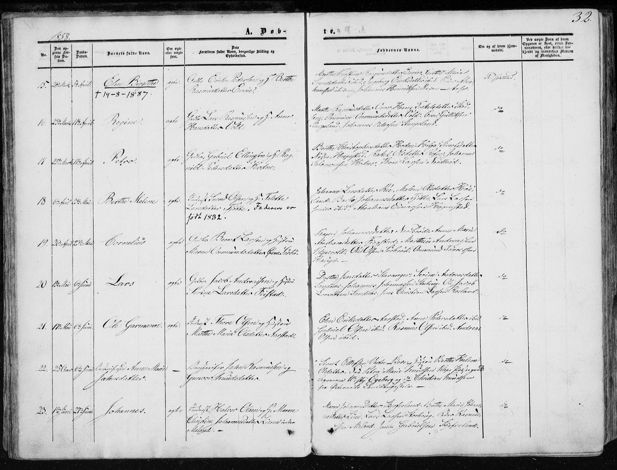 Klepp sokneprestkontor, AV/SAST-A-101803/001/3/30BA/L0005: Parish register (official) no. A 5, 1853-1870, p. 32