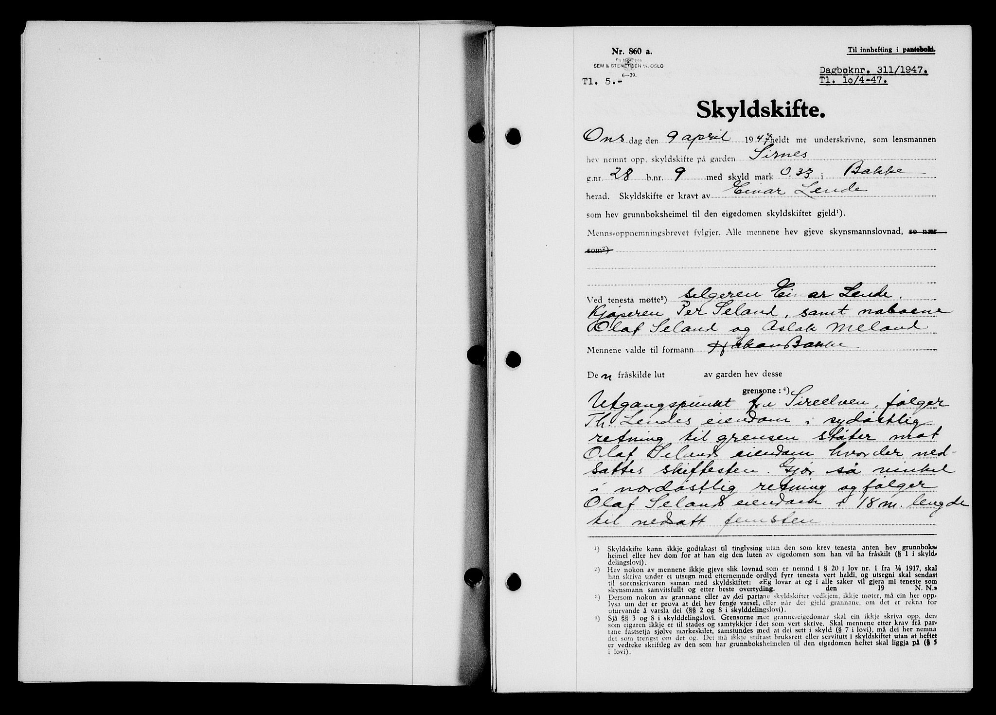 Flekkefjord sorenskriveri, SAK/1221-0001/G/Gb/Gba/L0062: Mortgage book no. A-10, 1947-1947, Diary no: : 311/1947