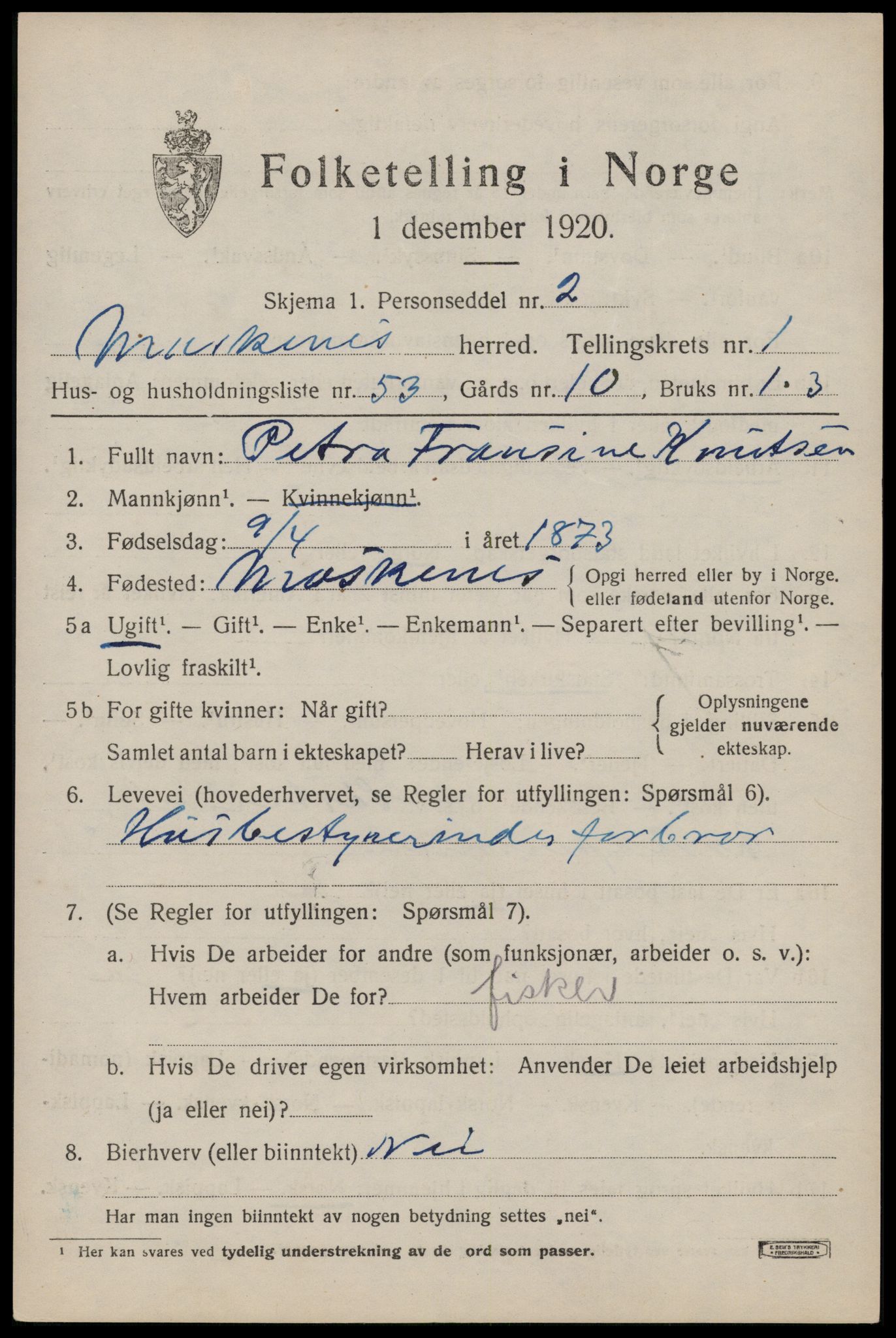 SAT, 1920 census for Moskenes, 1920, p. 1060