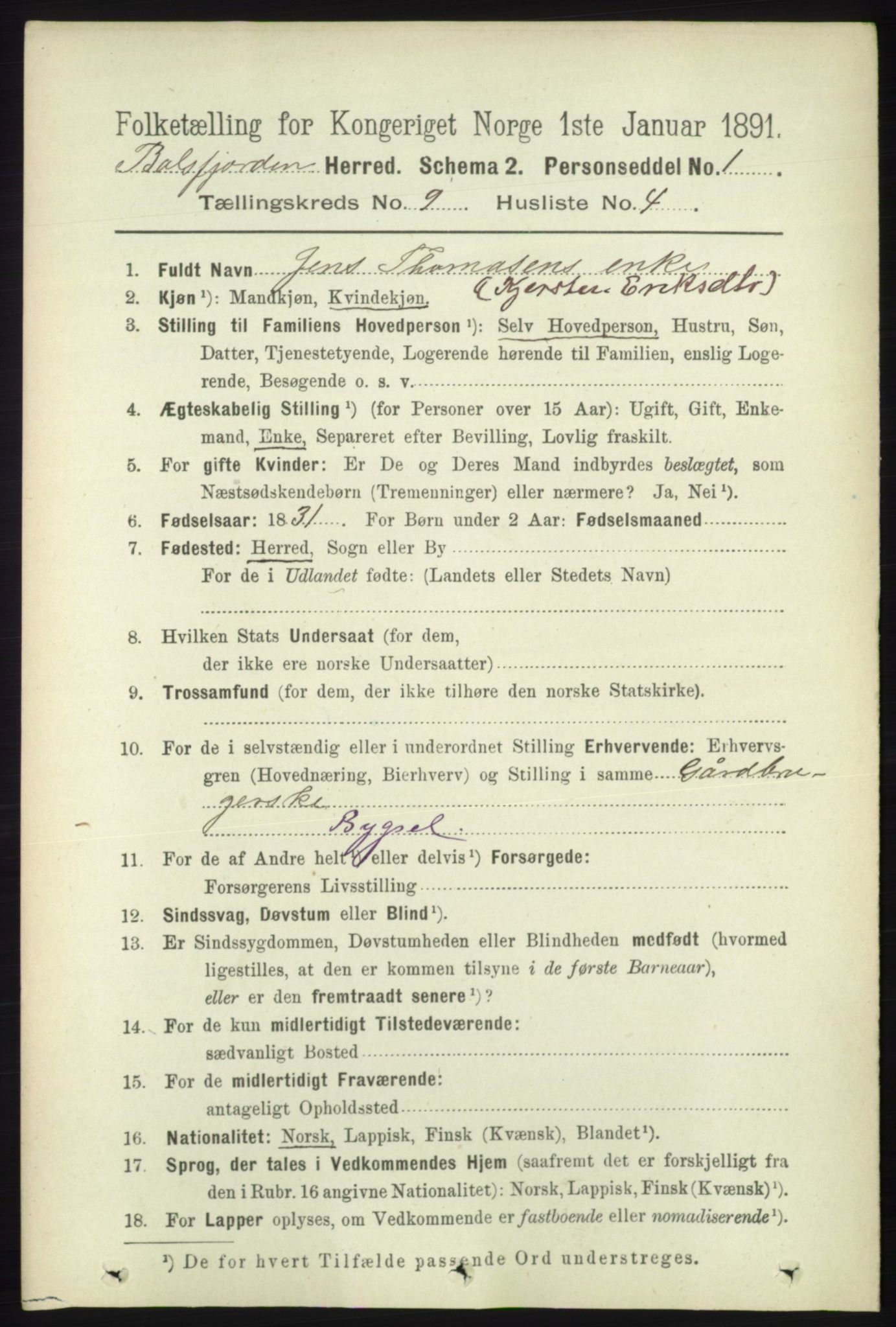 RA, 1891 census for 1933 Balsfjord, 1891, p. 3130