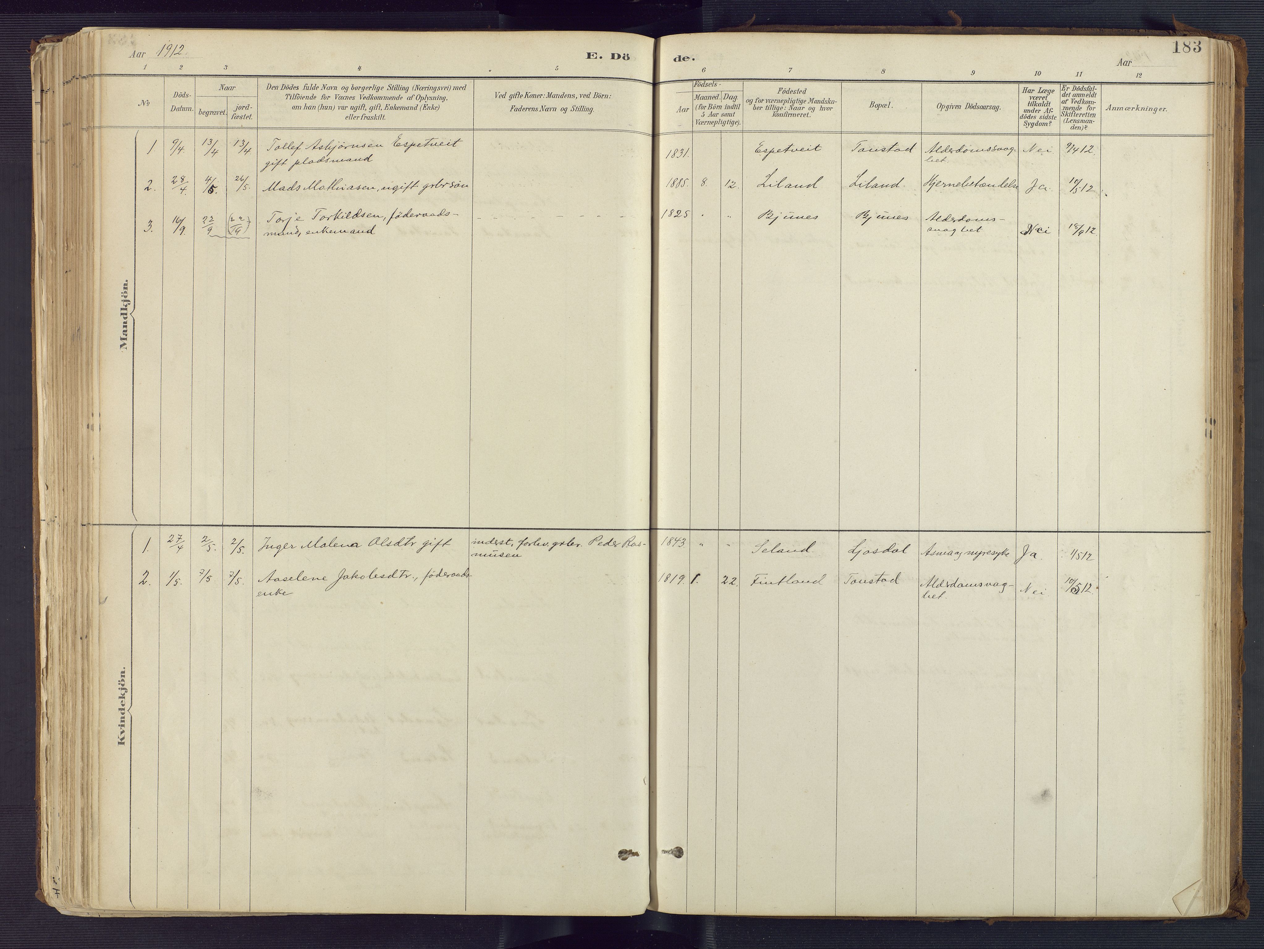 Sirdal sokneprestkontor, SAK/1111-0036/F/Fa/Fab/L0004: Parish register (official) no. A 4, 1887-1919, p. 183