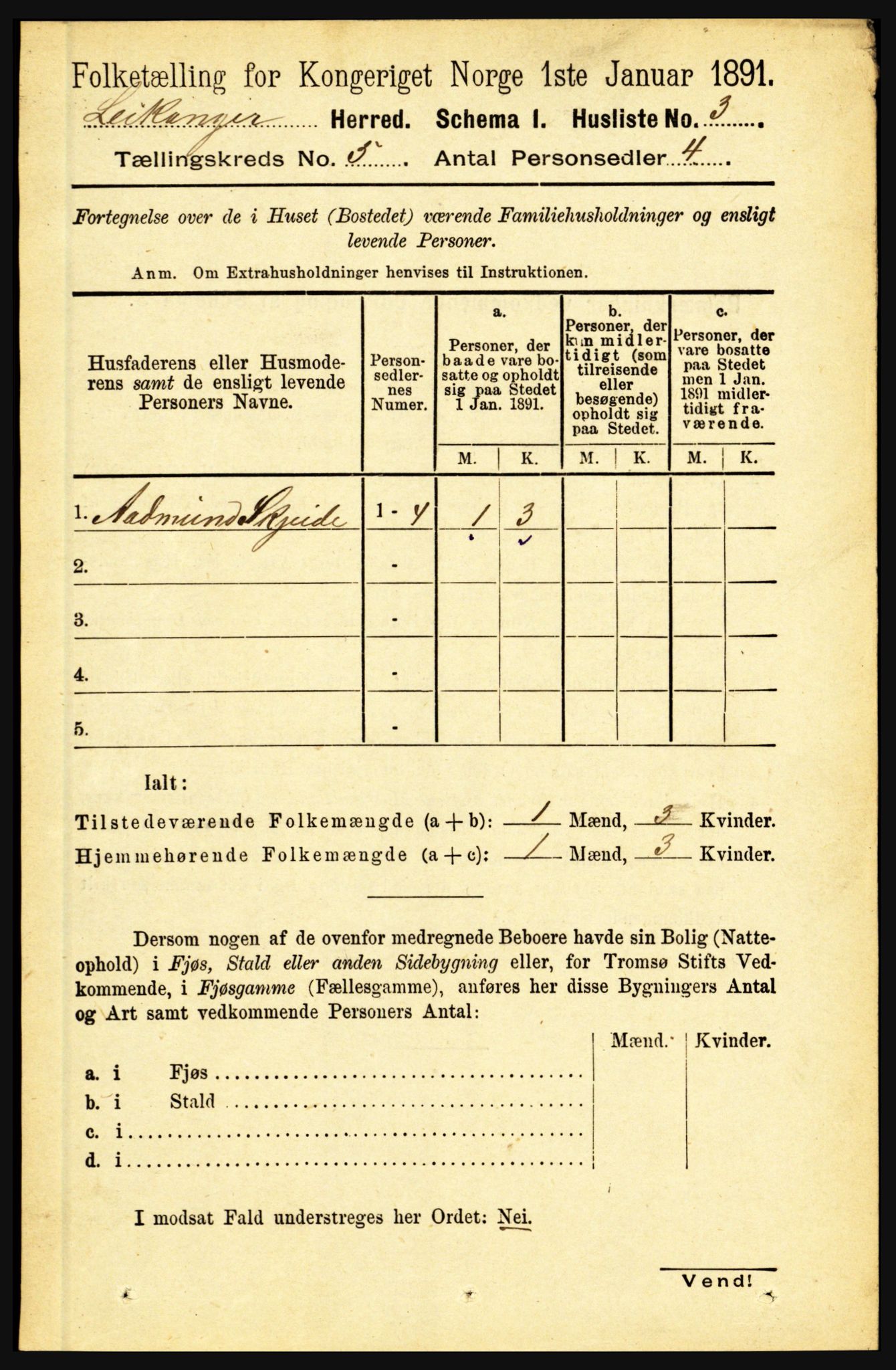 RA, 1891 census for 1419 Leikanger, 1891, p. 834