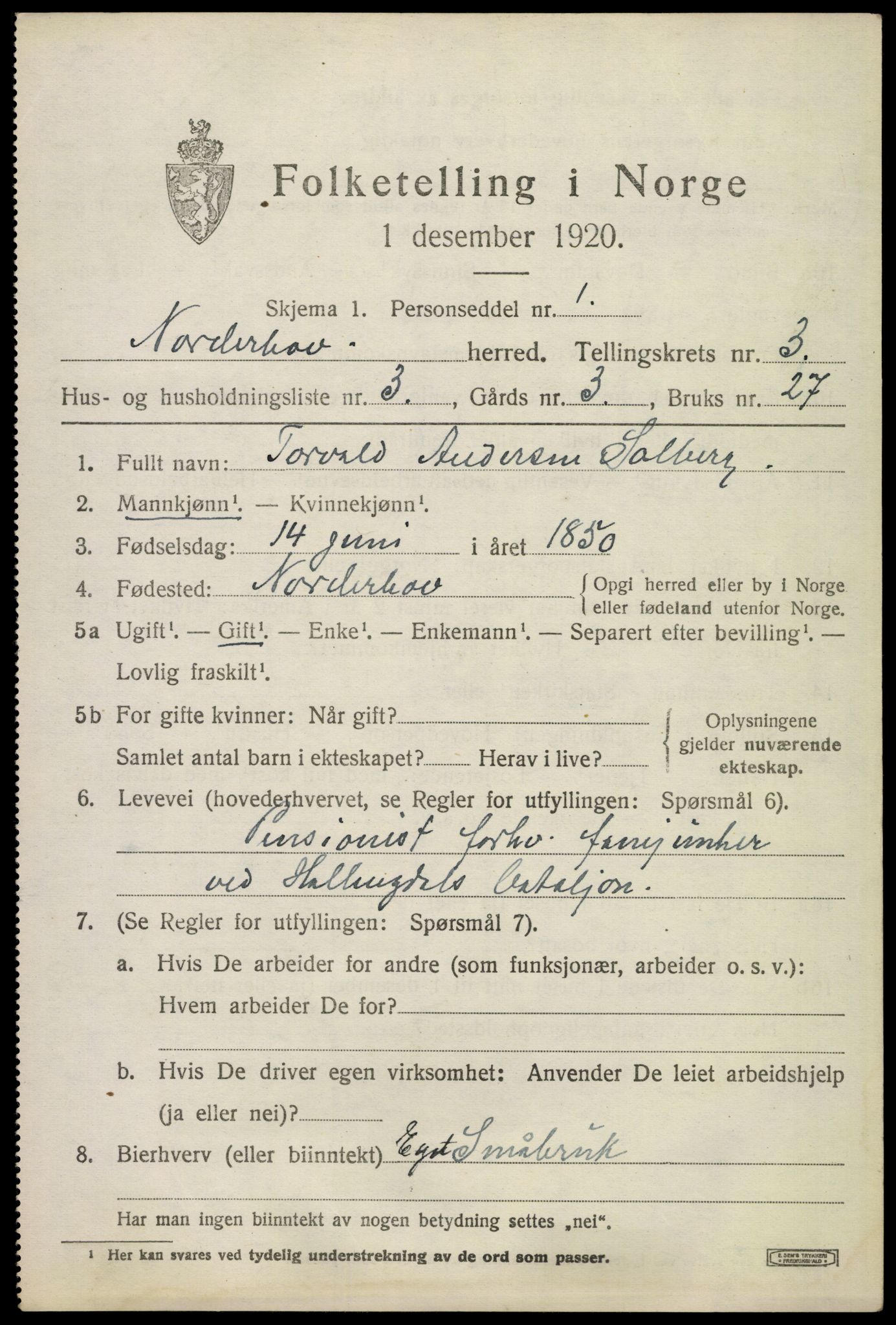 SAKO, 1920 census for Norderhov, 1920, p. 5294