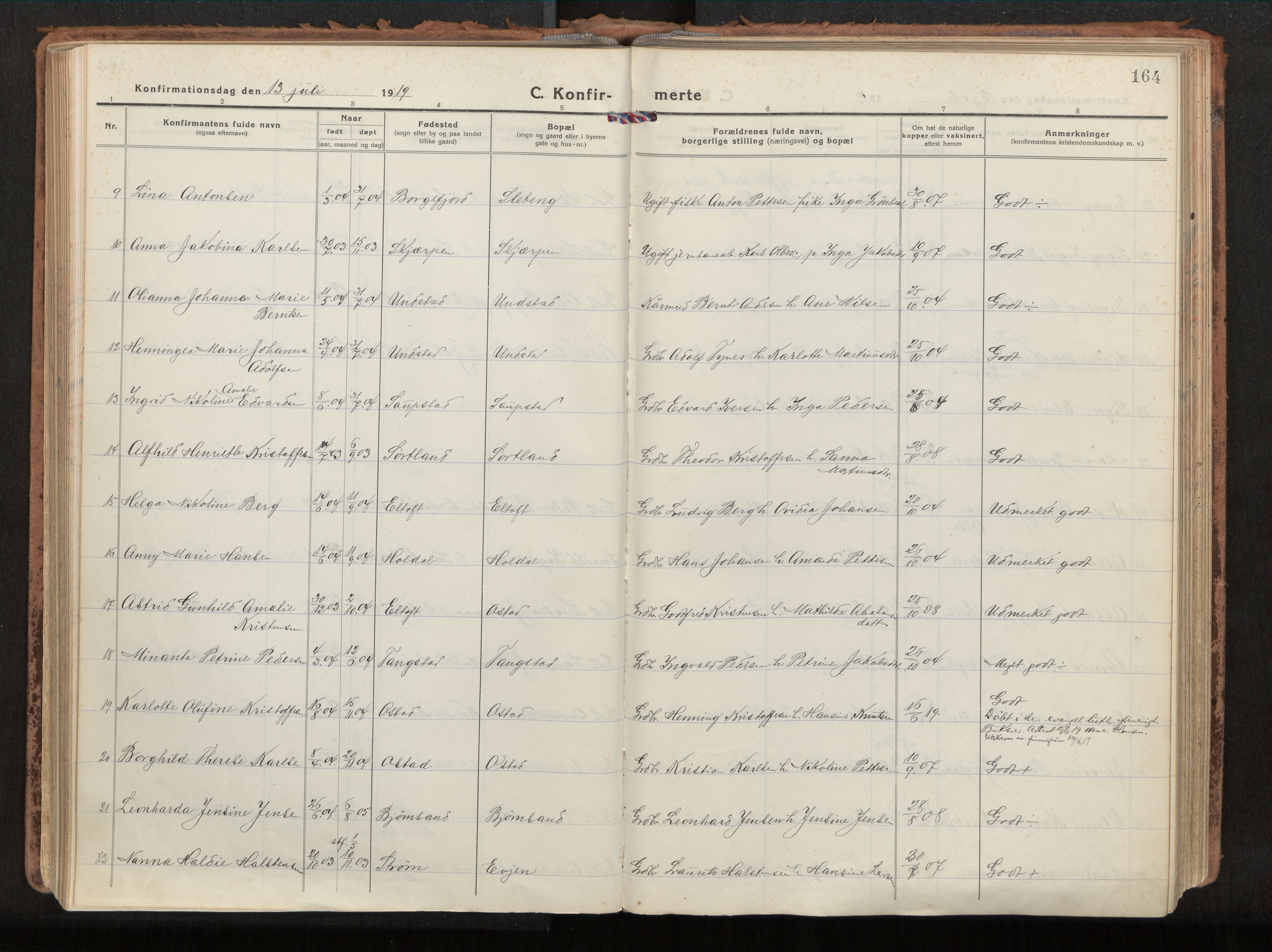 Ministerialprotokoller, klokkerbøker og fødselsregistre - Nordland, AV/SAT-A-1459/880/L1136: Parish register (official) no. 880A10, 1919-1927, p. 164