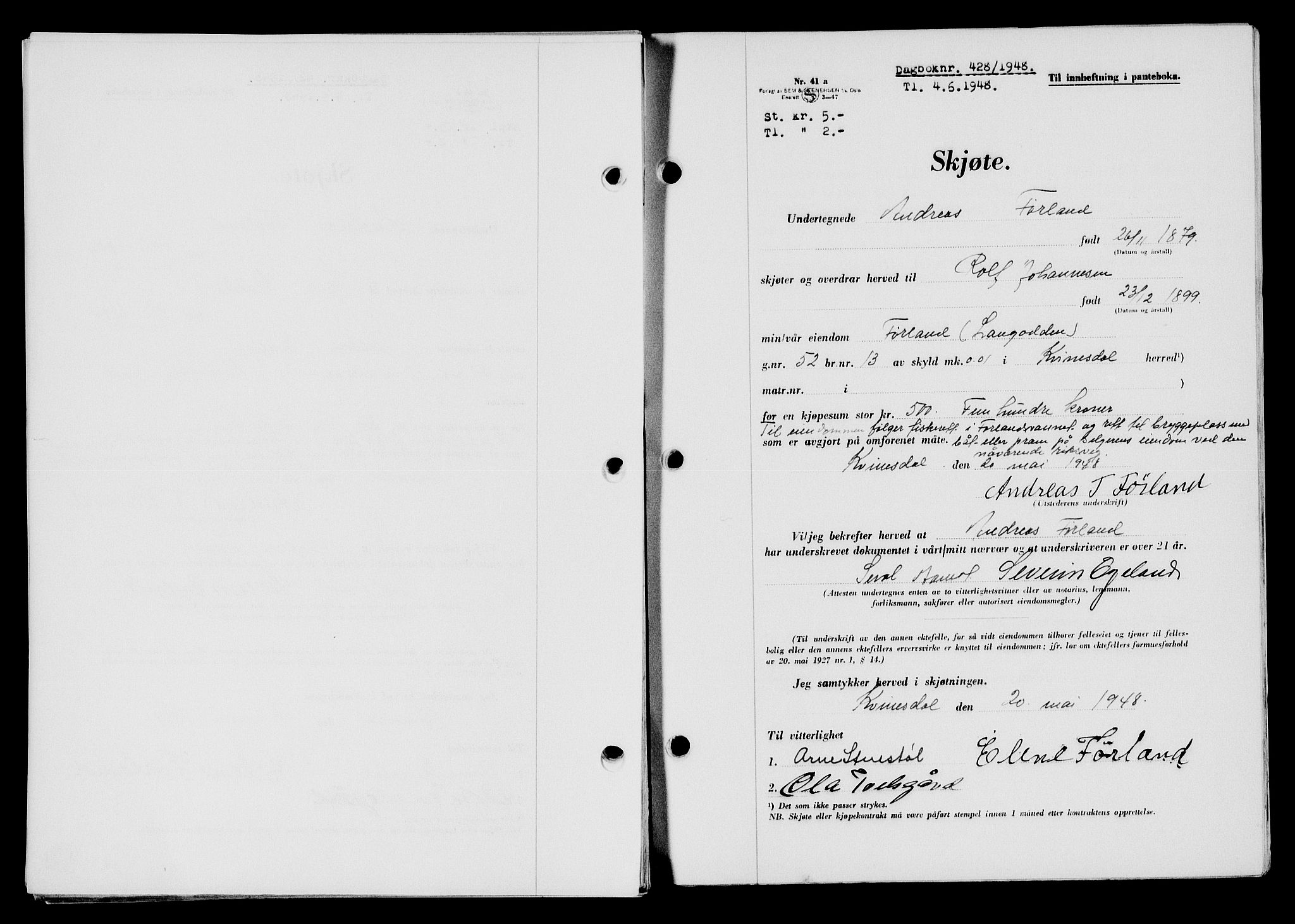 Flekkefjord sorenskriveri, SAK/1221-0001/G/Gb/Gba/L0063: Mortgage book no. A-11, 1947-1948, Diary no: : 428/1948