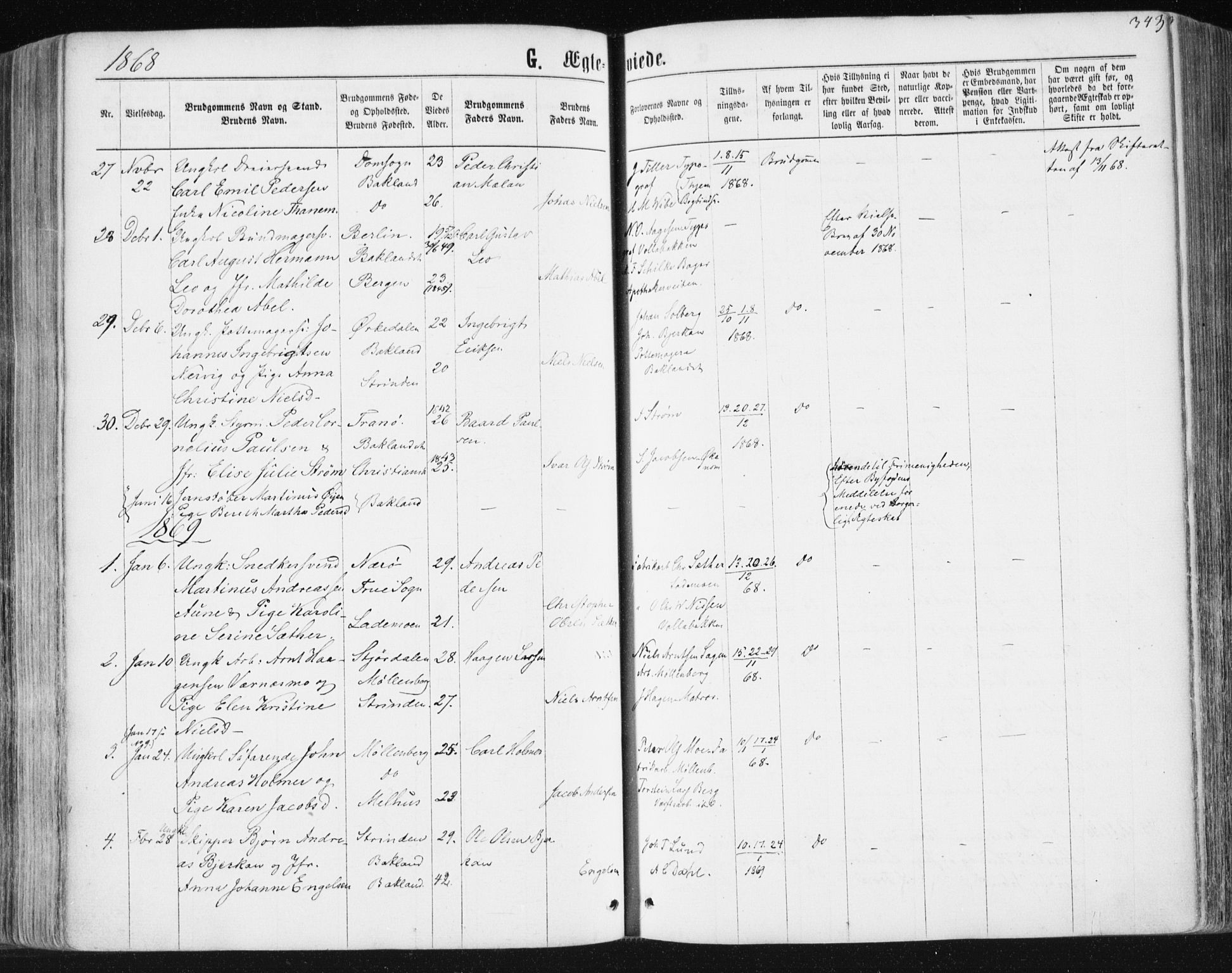 Ministerialprotokoller, klokkerbøker og fødselsregistre - Sør-Trøndelag, SAT/A-1456/604/L0186: Parish register (official) no. 604A07, 1866-1877, p. 343