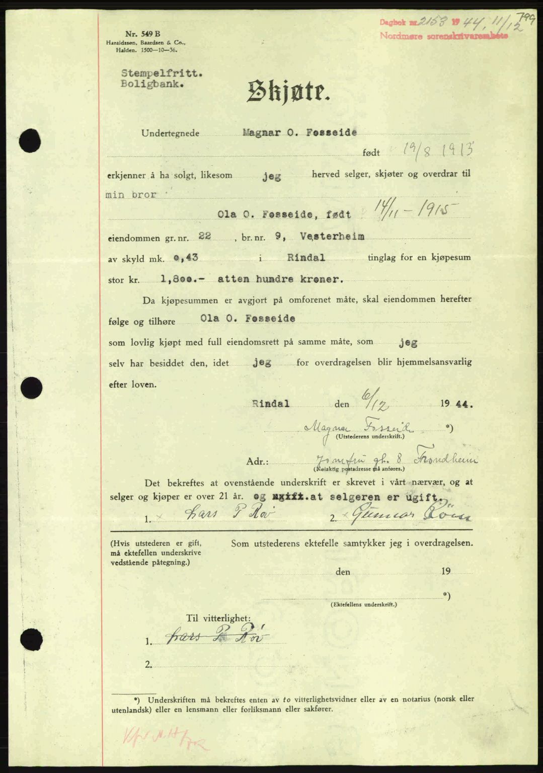 Nordmøre sorenskriveri, AV/SAT-A-4132/1/2/2Ca: Mortgage book no. A98, 1944-1944, Diary no: : 2153/1944