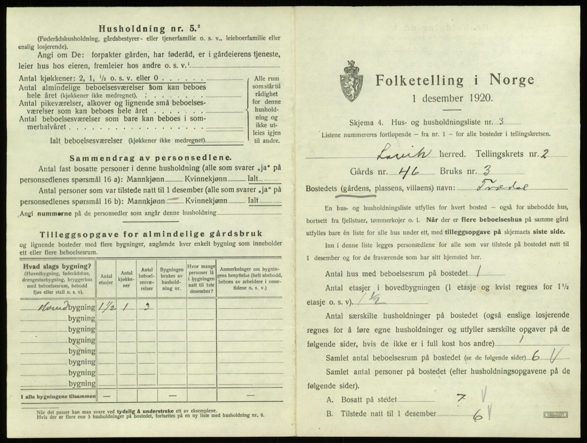 SAB, 1920 census for Lavik, 1920, p. 54