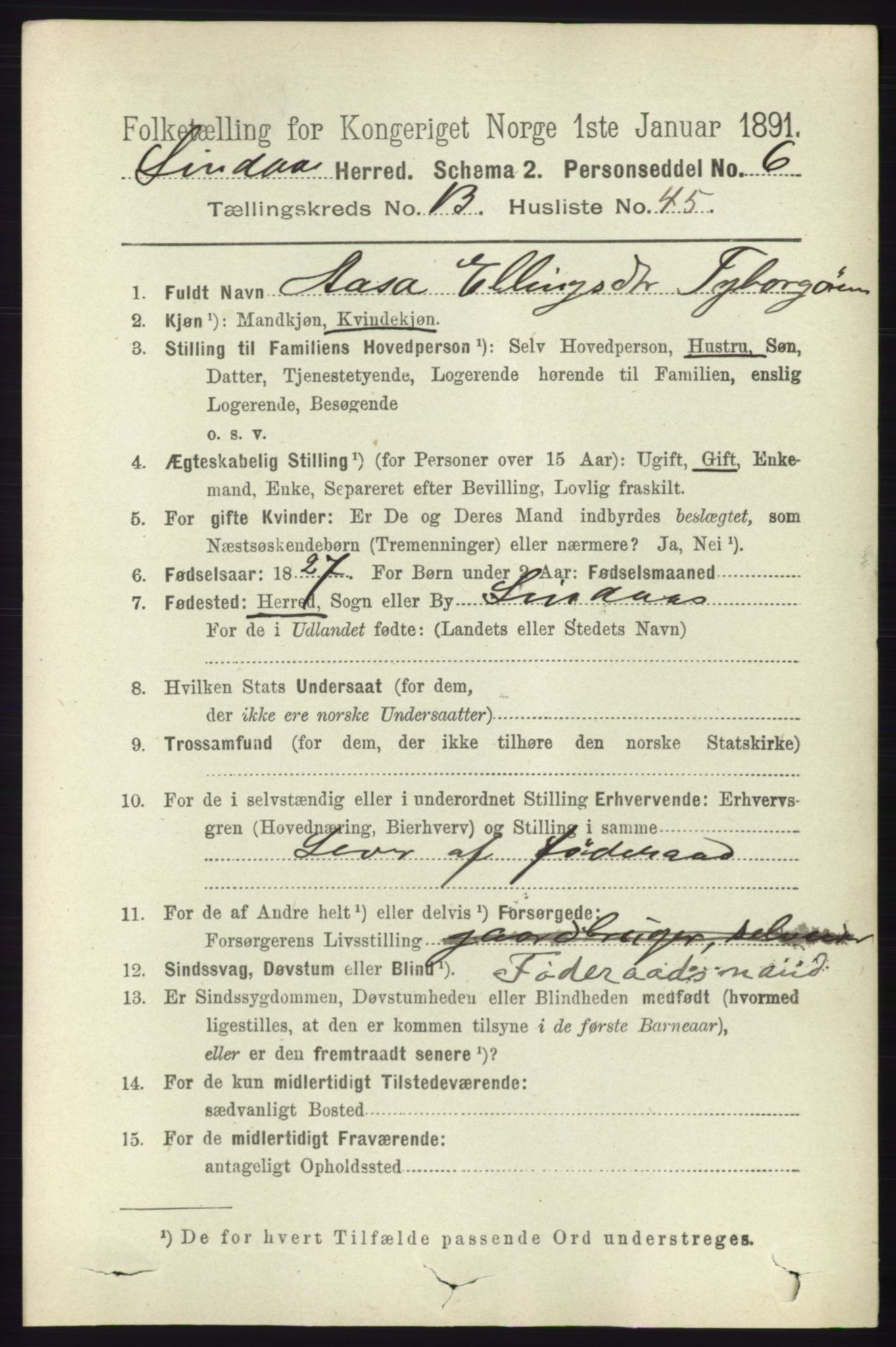 RA, 1891 census for 1263 Lindås, 1891, p. 4827