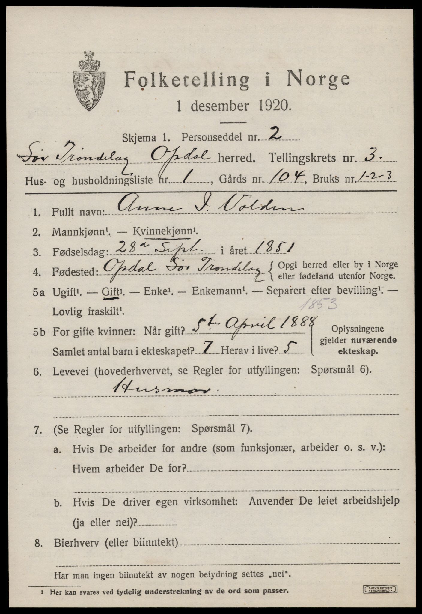 SAT, 1920 census for Oppdal, 1920, p. 3141