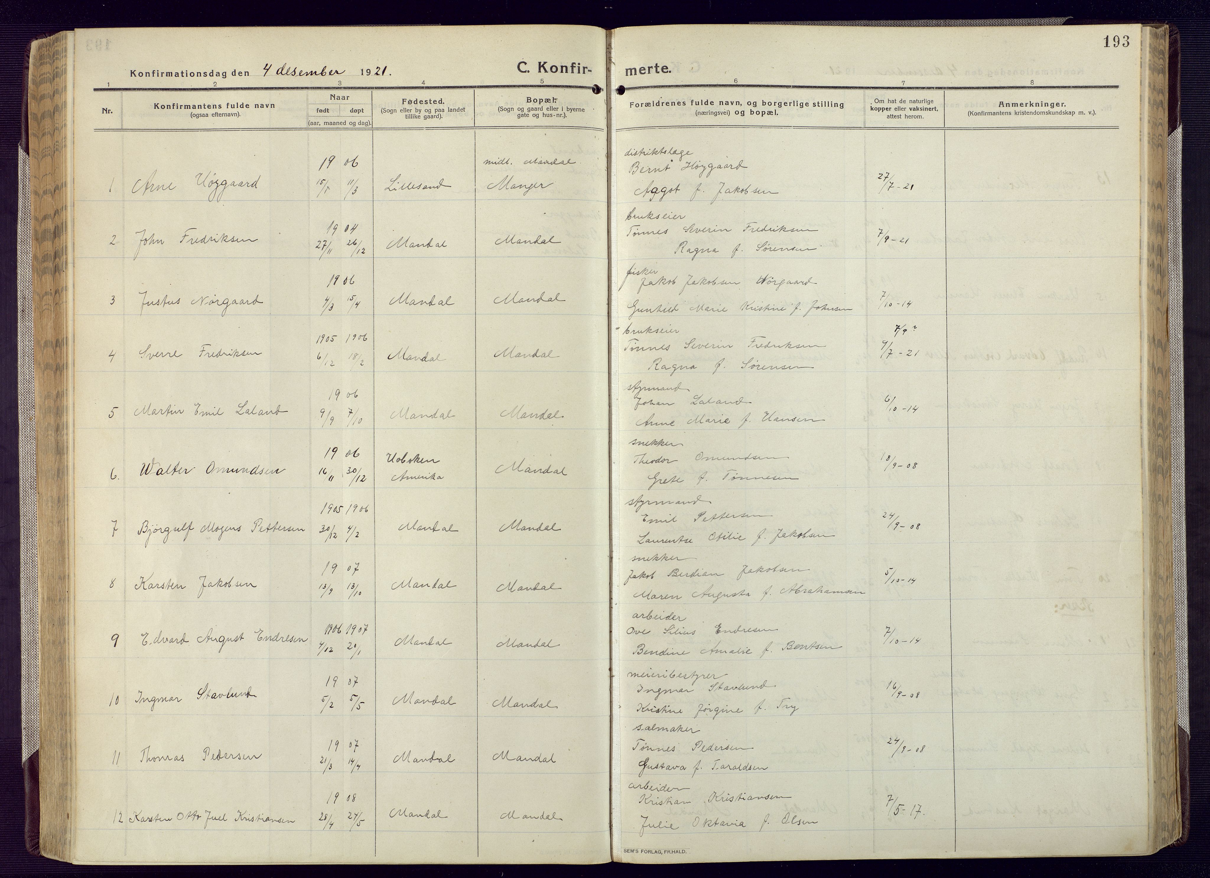 Mandal sokneprestkontor, AV/SAK-1111-0030/F/Fa/Fac/L0001: Parish register (official) no. A 1, 1913-1925, p. 193