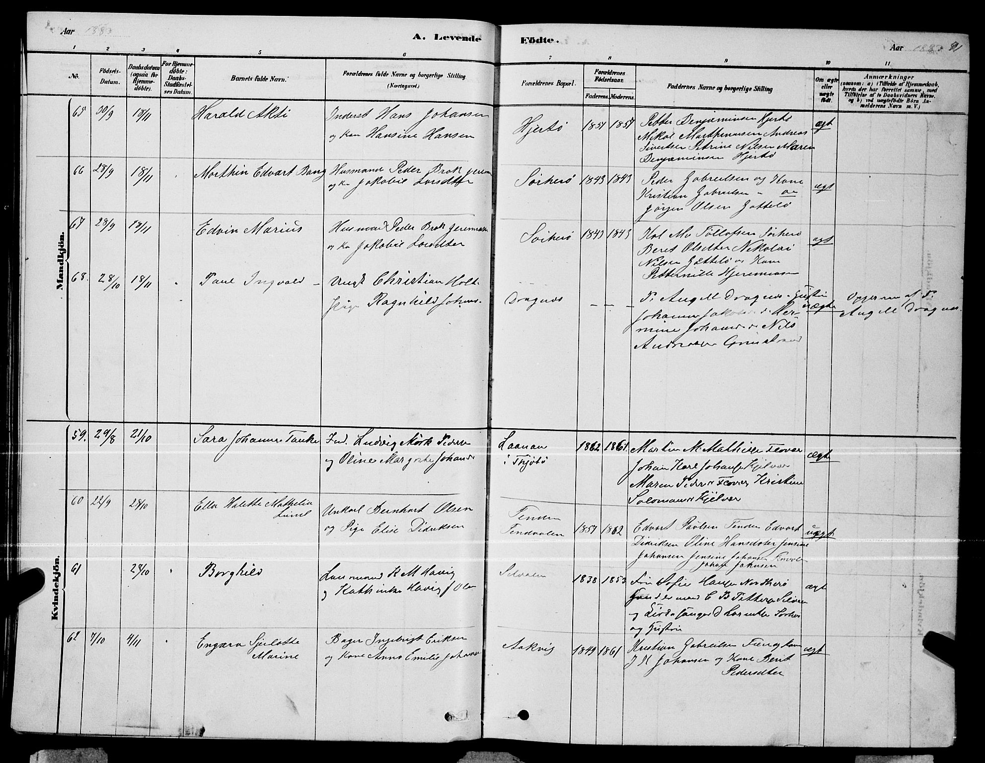 Ministerialprotokoller, klokkerbøker og fødselsregistre - Nordland, AV/SAT-A-1459/834/L0513: Parish register (copy) no. 834C04, 1877-1892, p. 91