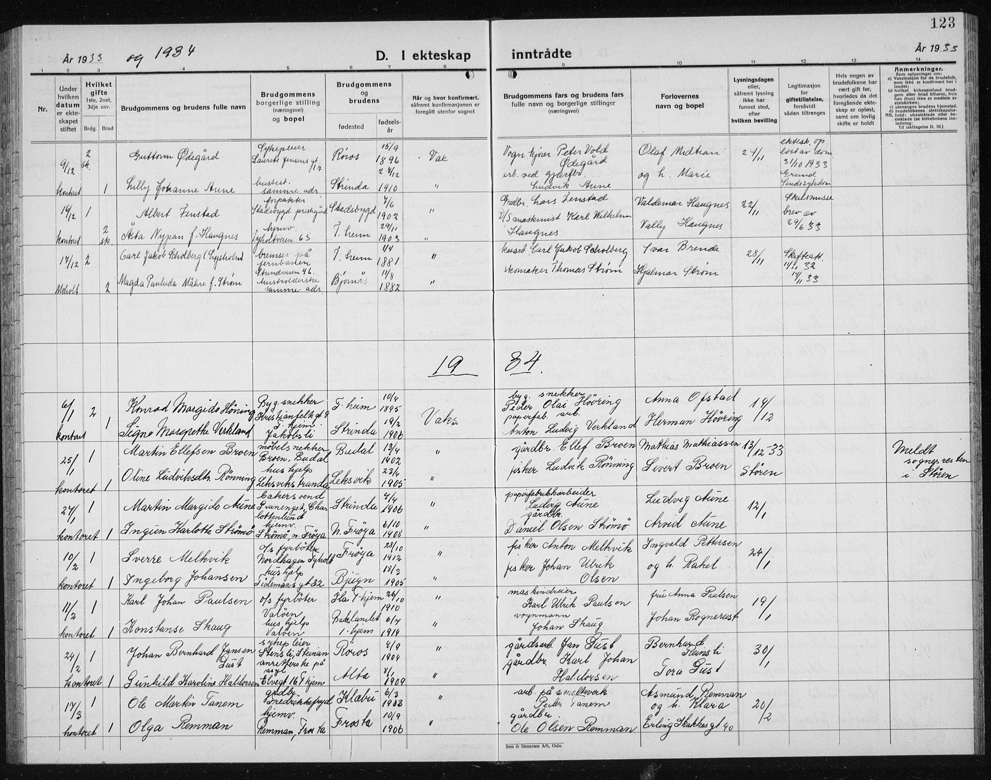 Ministerialprotokoller, klokkerbøker og fødselsregistre - Sør-Trøndelag, SAT/A-1456/607/L0327: Parish register (copy) no. 607C01, 1930-1939, p. 123