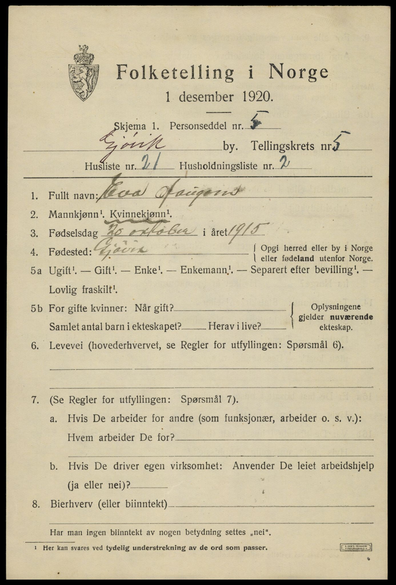 SAH, 1920 census for Gjøvik, 1920, p. 10488