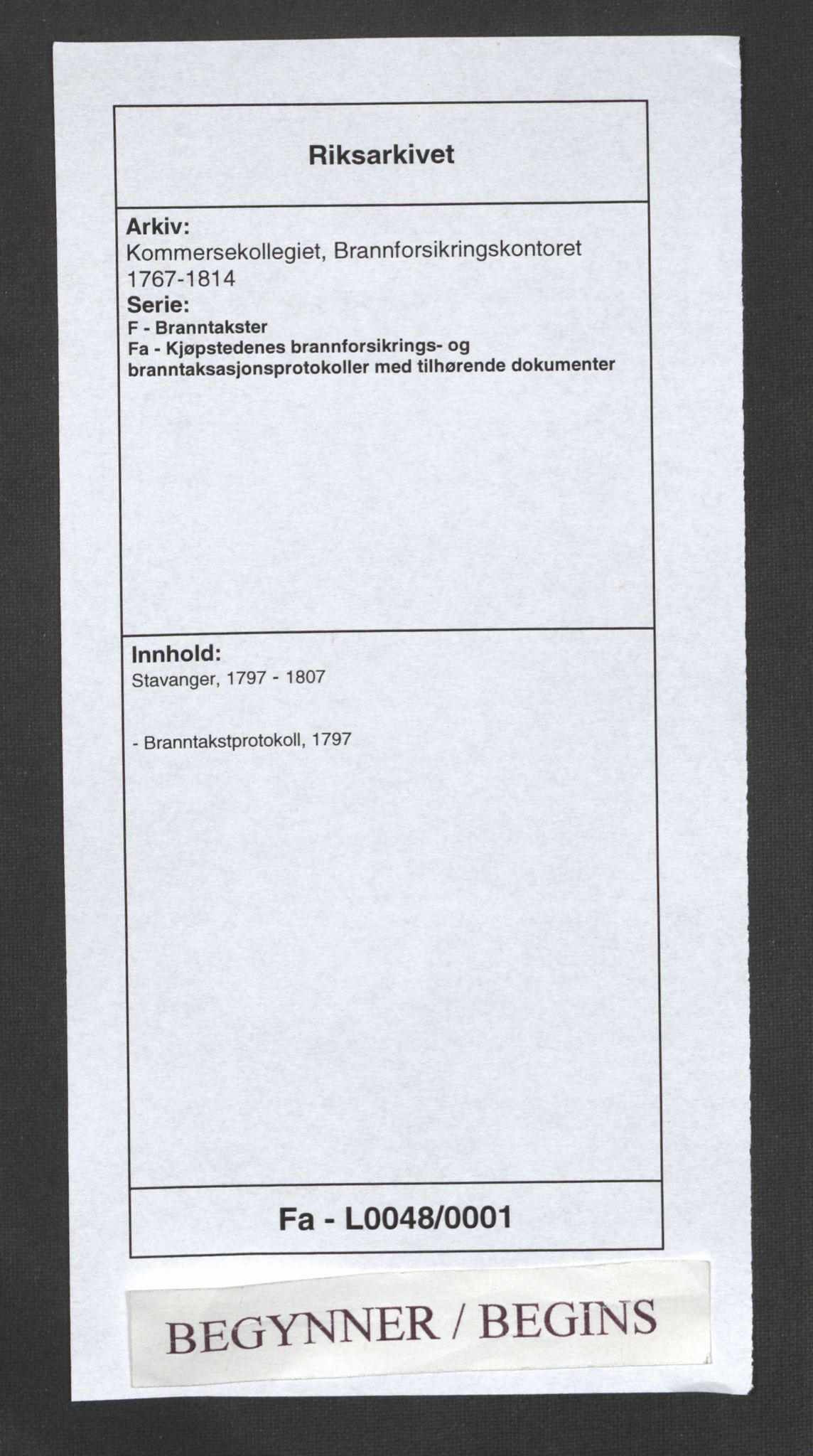Kommersekollegiet, Brannforsikringskontoret 1767-1814, RA/EA-5458/F/Fa/L0048/0001: Stavanger / Branntakstprotokoll, 1797