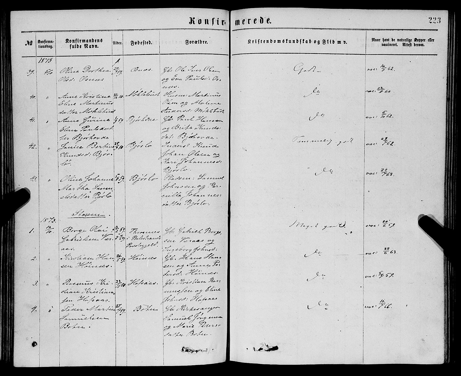 Eid sokneprestembete, SAB/A-82301/H/Haa/Haaa/L0010: Parish register (official) no. A 10, 1867-1878, p. 223