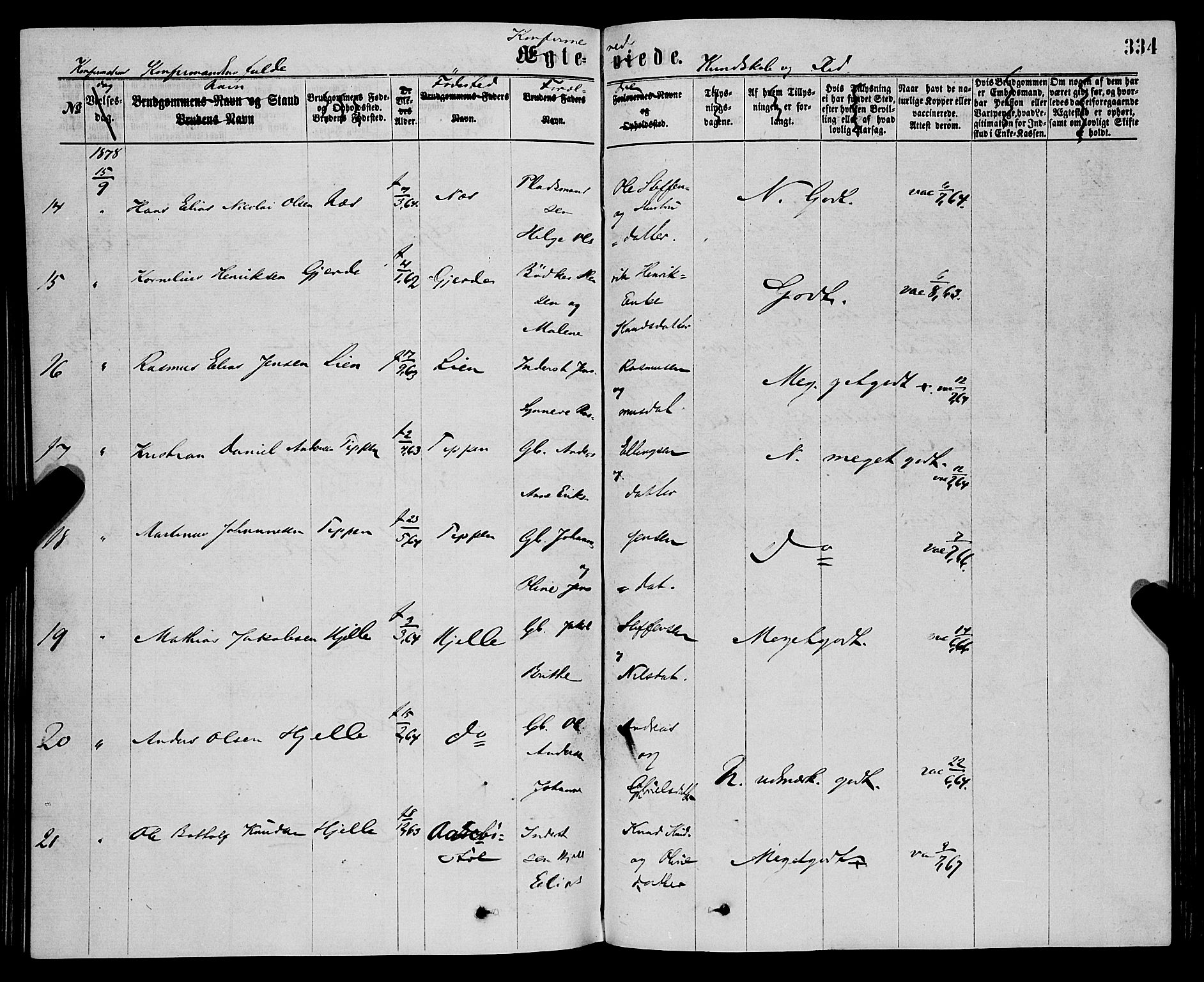 Eid sokneprestembete, AV/SAB-A-82301/H/Haa/Haaa/L0010: Parish register (official) no. A 10, 1867-1878, p. 334