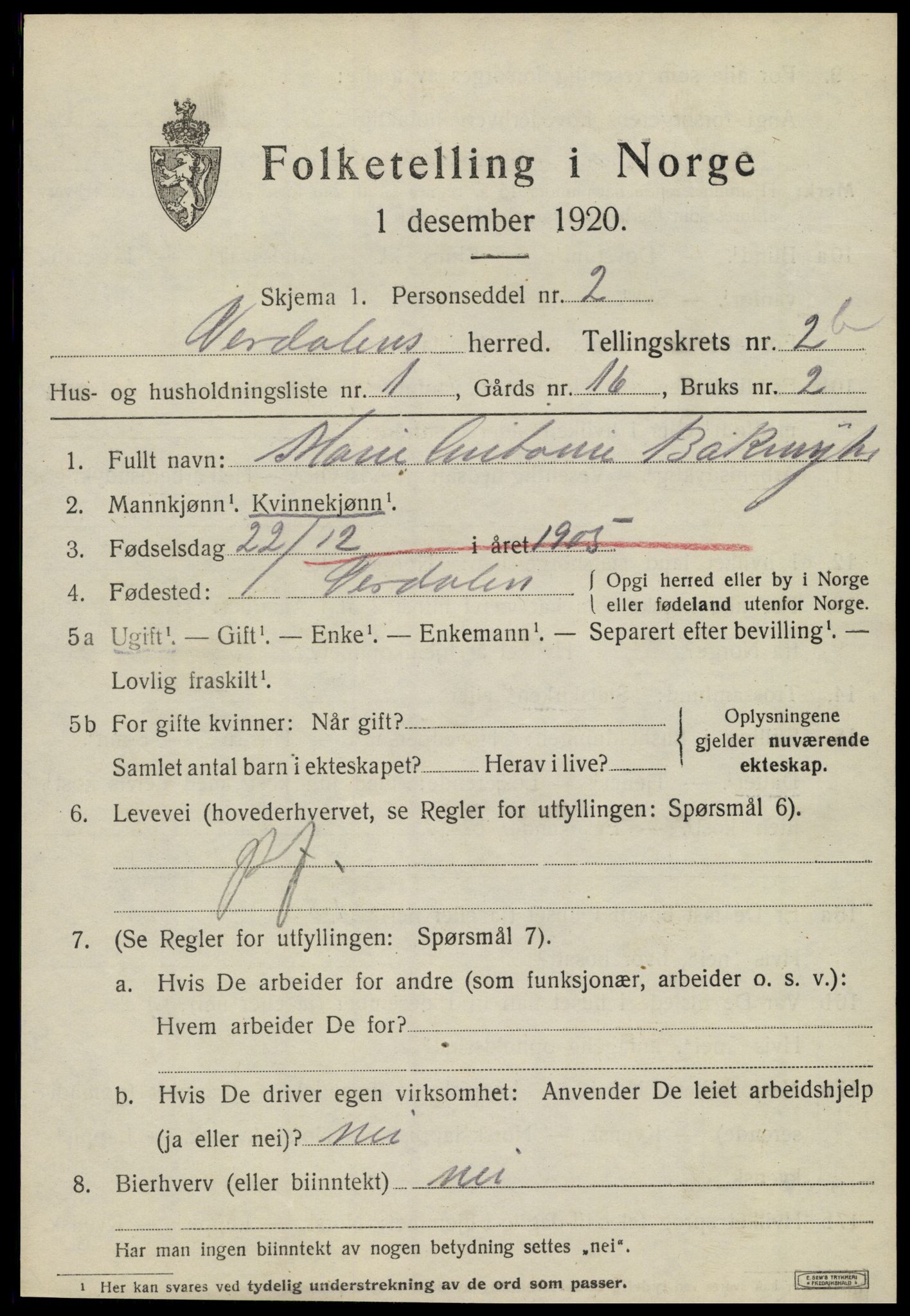 SAT, 1920 census for Verdal, 1920, p. 4027