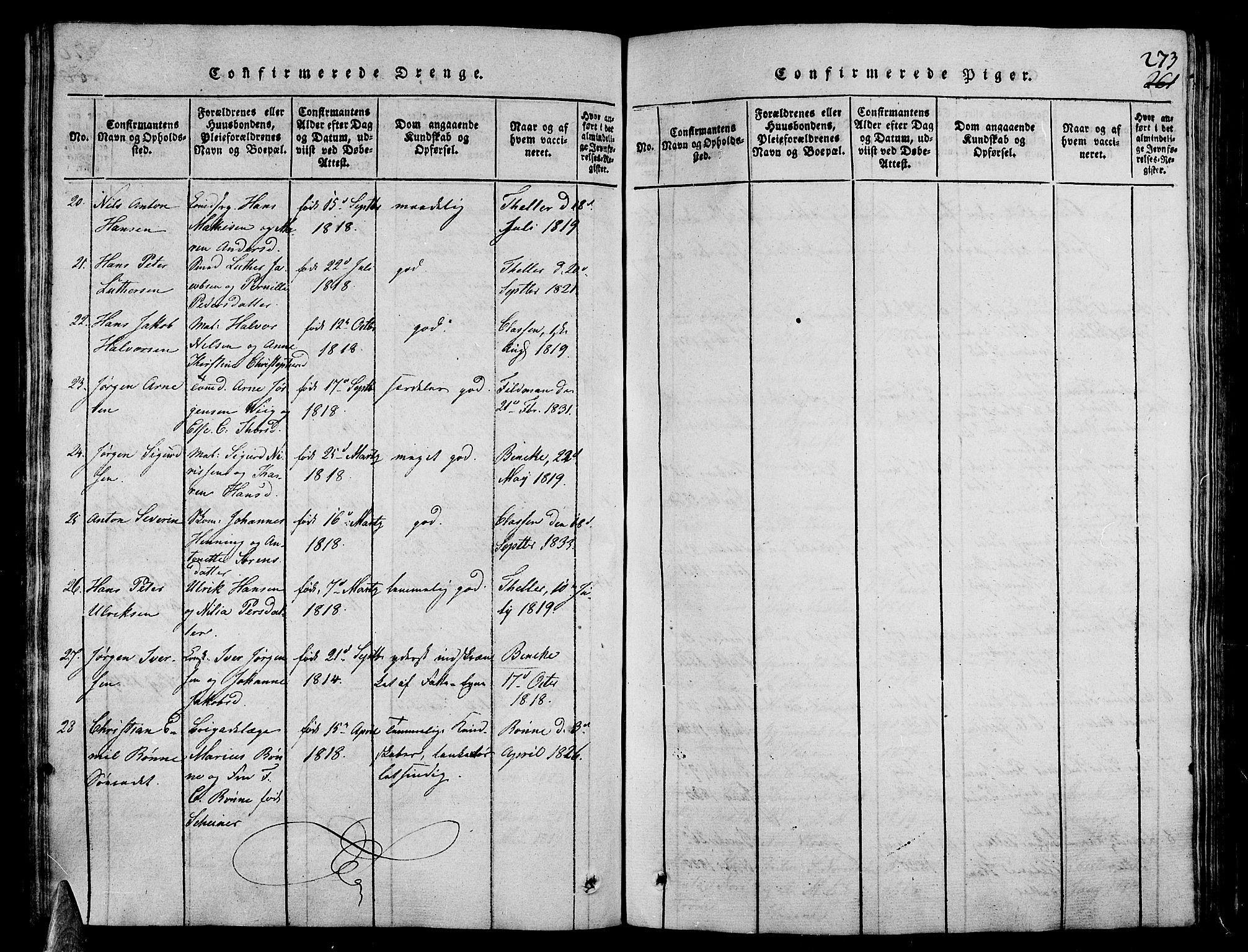 Stavern kirkebøker, AV/SAKO-A-318/G/Ga/L0001: Parish register (copy) no. 1, 1817-1841, p. 273
