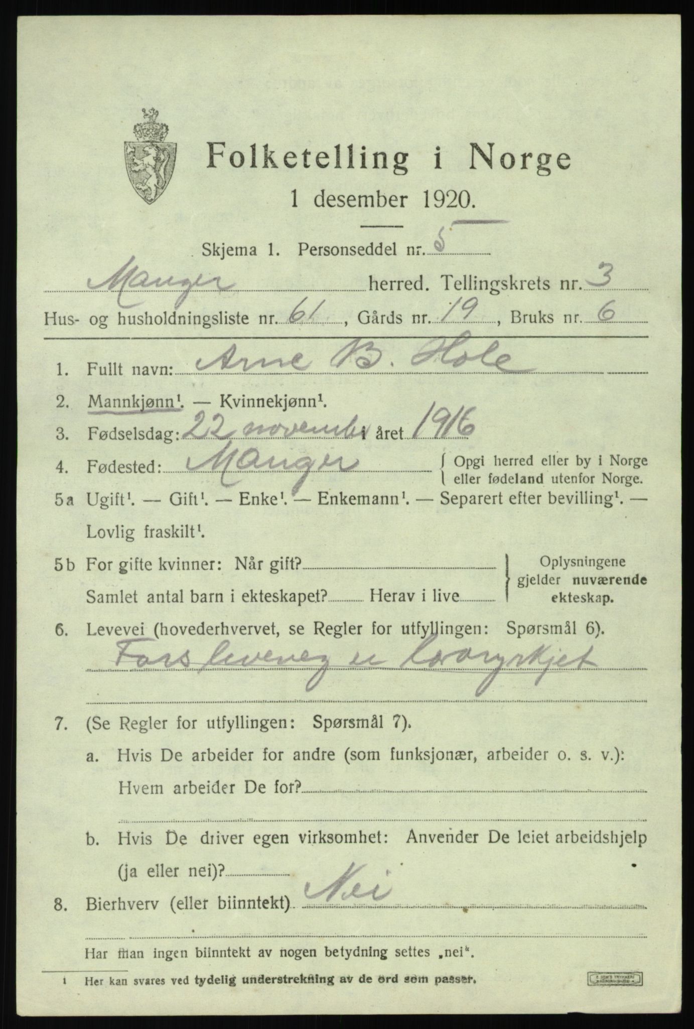 SAB, 1920 census for Manger, 1920, p. 3001