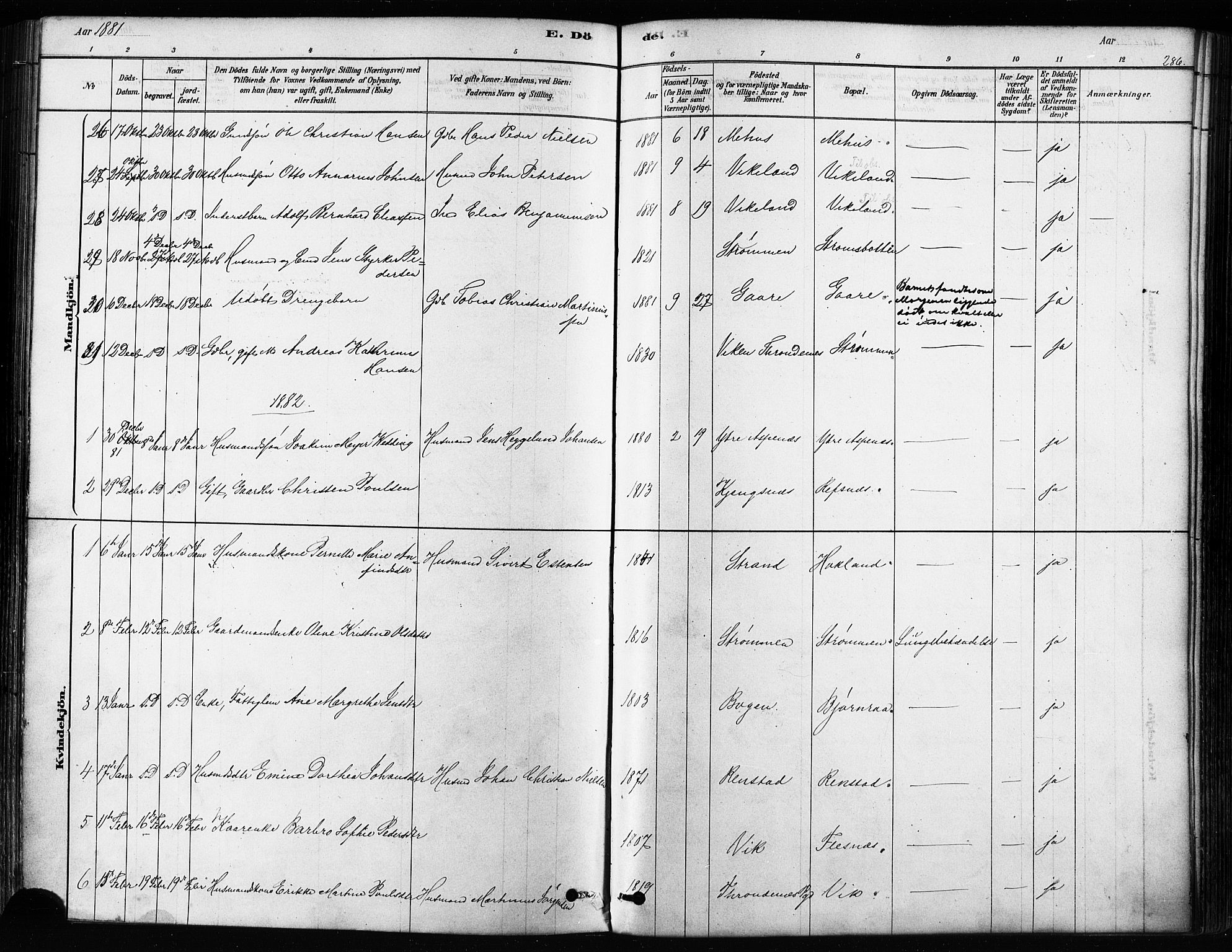 Kvæfjord sokneprestkontor, SATØ/S-1323/G/Ga/Gaa/L0005kirke: Parish register (official) no. 5, 1878-1894, p. 286
