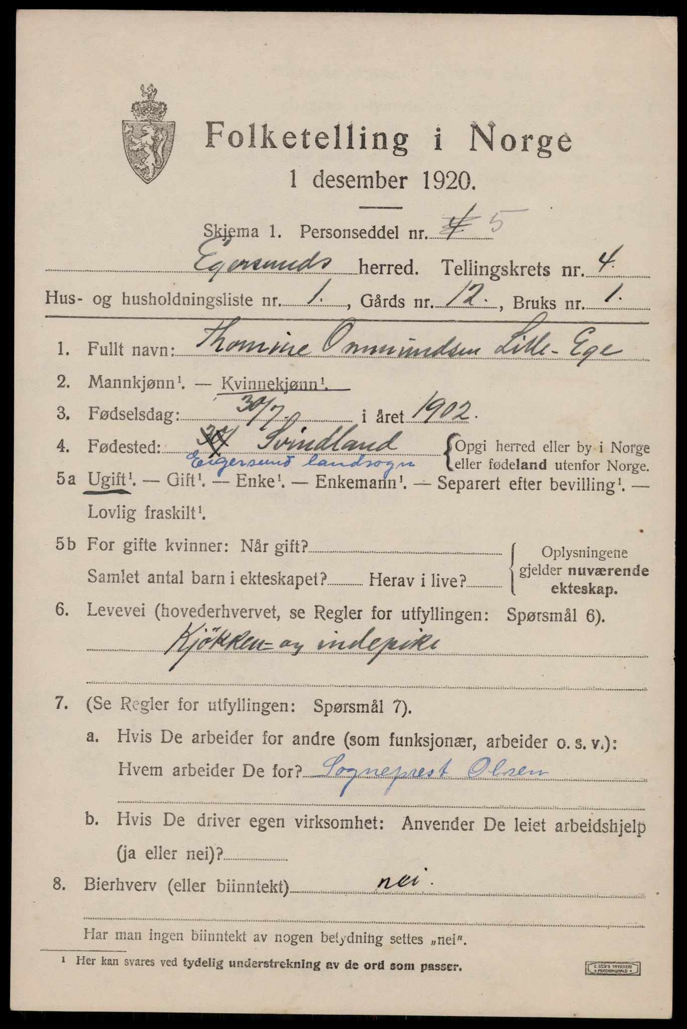 SAST, 1920 census for Eigersund, 1920, p. 2801