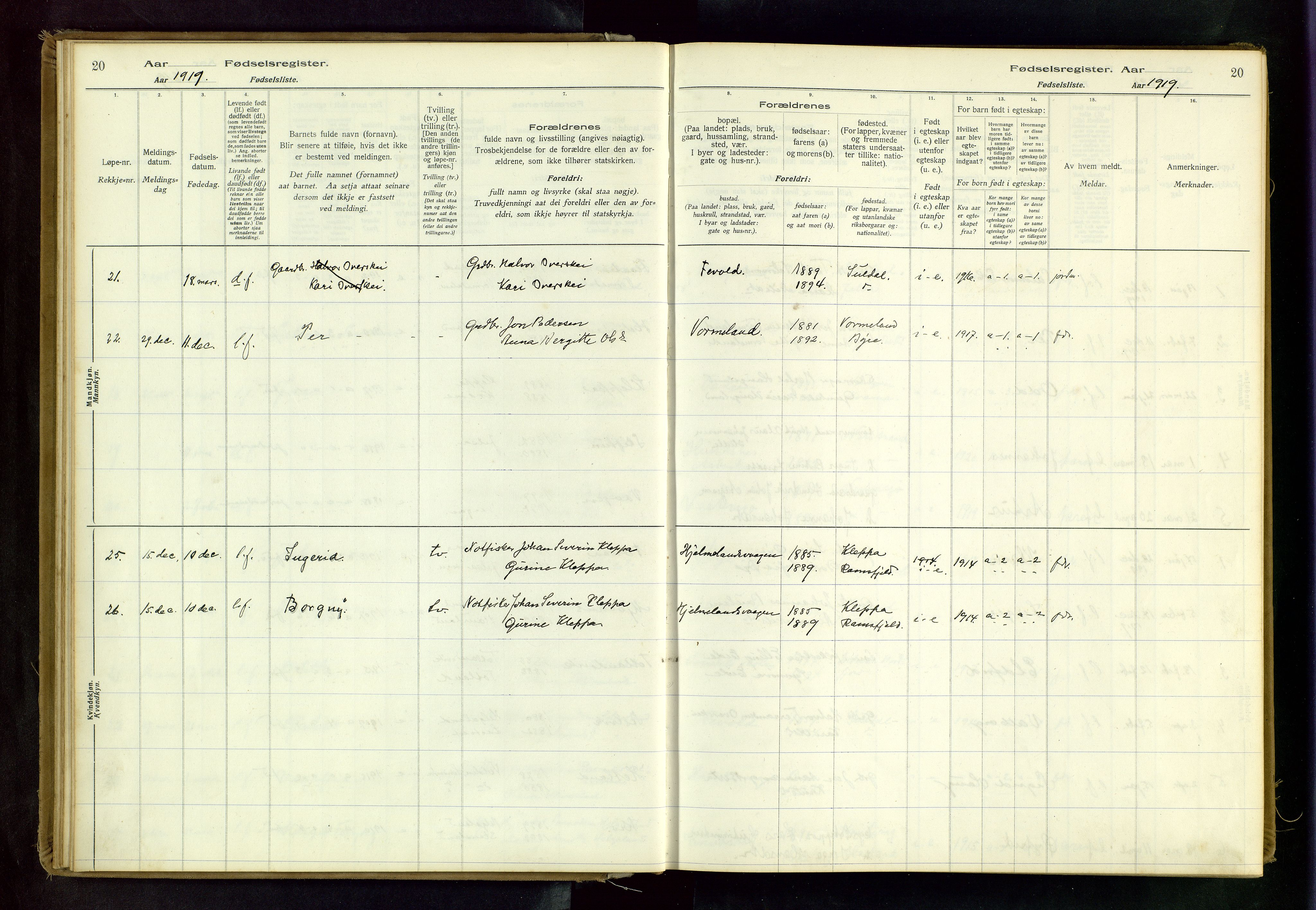 Hjelmeland sokneprestkontor, AV/SAST-A-101843/02/B/L0001: Birth register no. 1, 1916-1963, p. 20