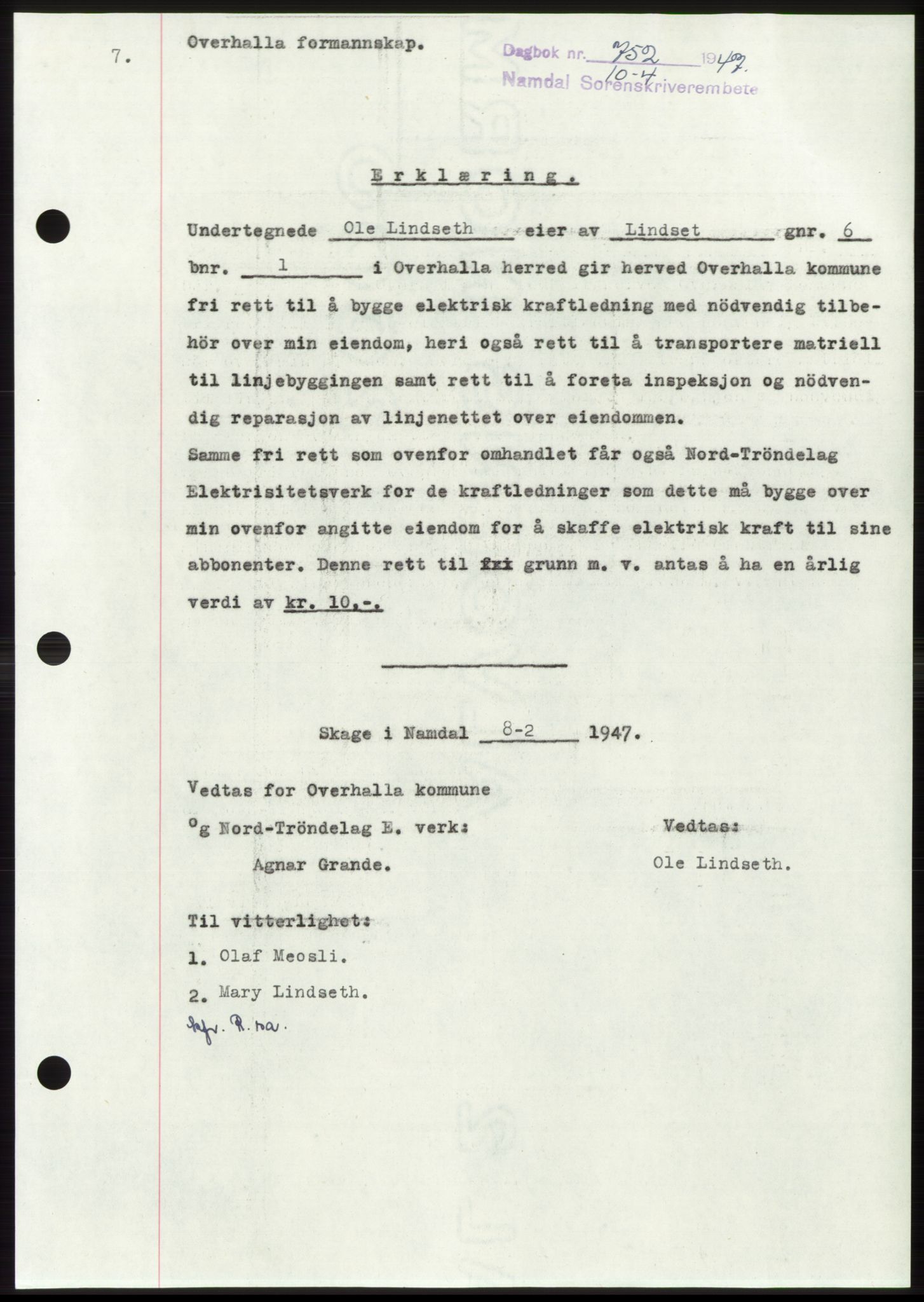 Namdal sorenskriveri, AV/SAT-A-4133/1/2/2C: Mortgage book no. -, 1947-1947, Diary no: : 752/1947
