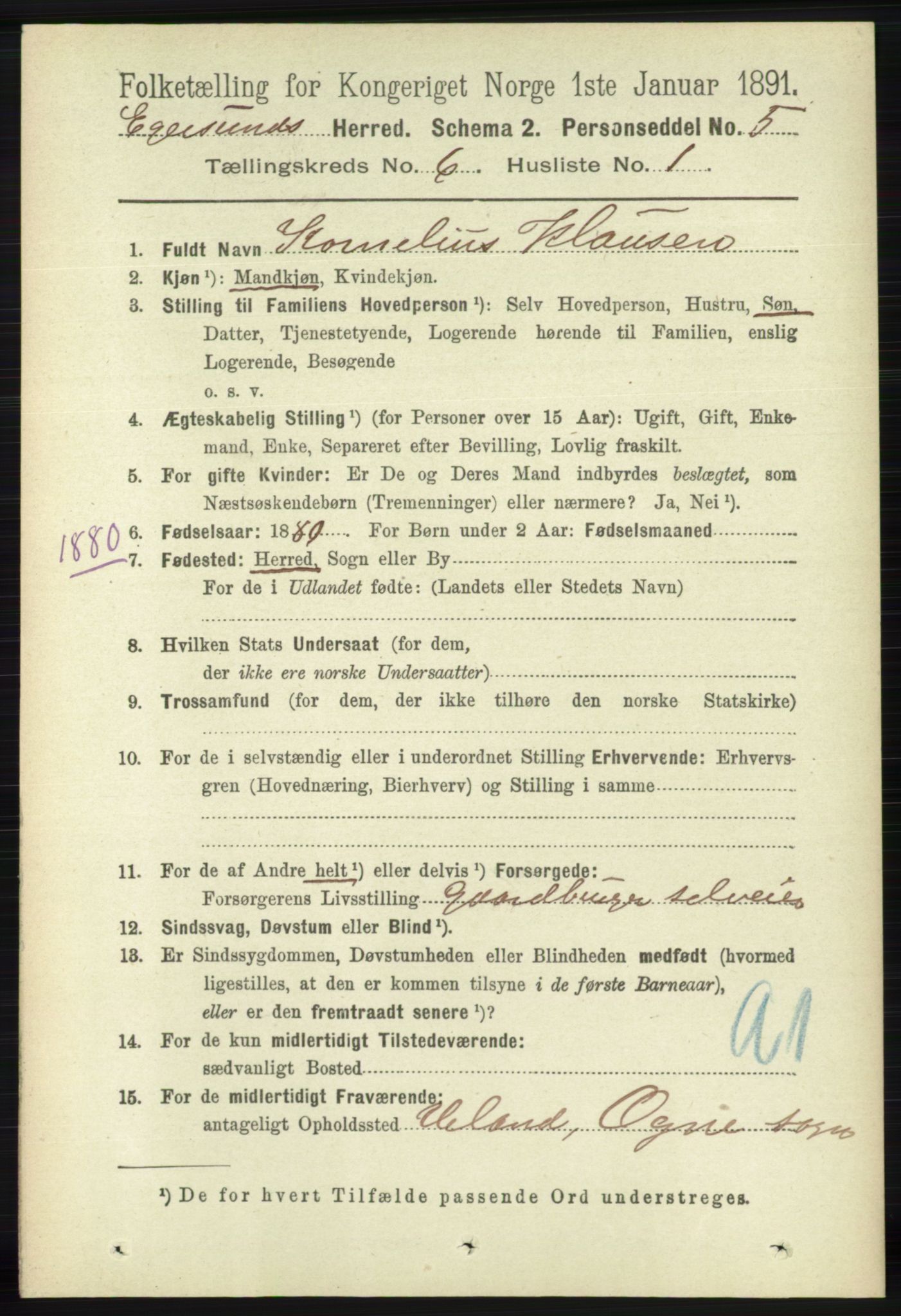 RA, 1891 census for 1116 Eigersund herred, 1891, p. 2278