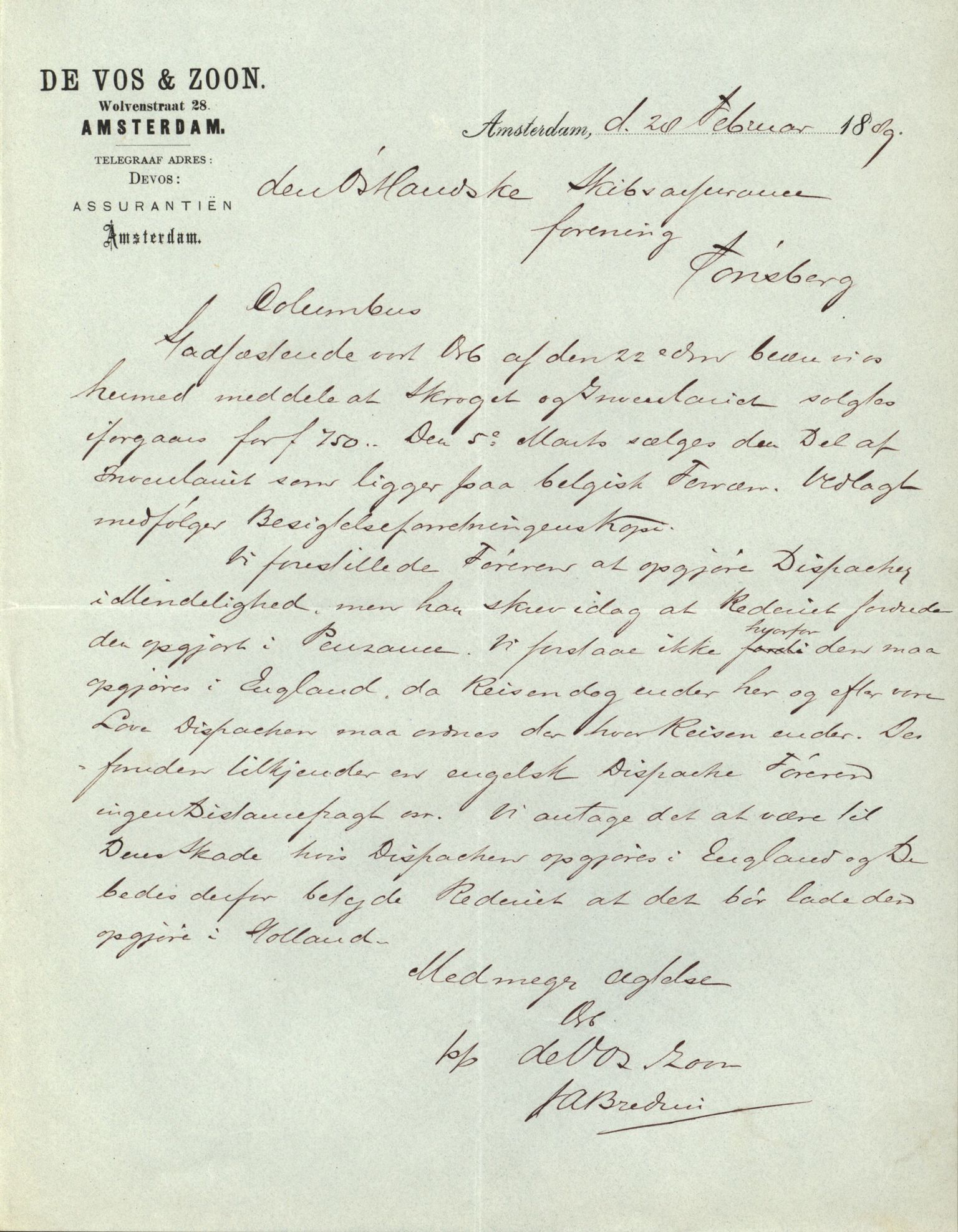 Pa 63 - Østlandske skibsassuranceforening, VEMU/A-1079/G/Ga/L0023/0012: Havaridokumenter / Columbus, Christiane Sophie, Marie, Jarlen, Kong Carl XV, 1889, p. 4