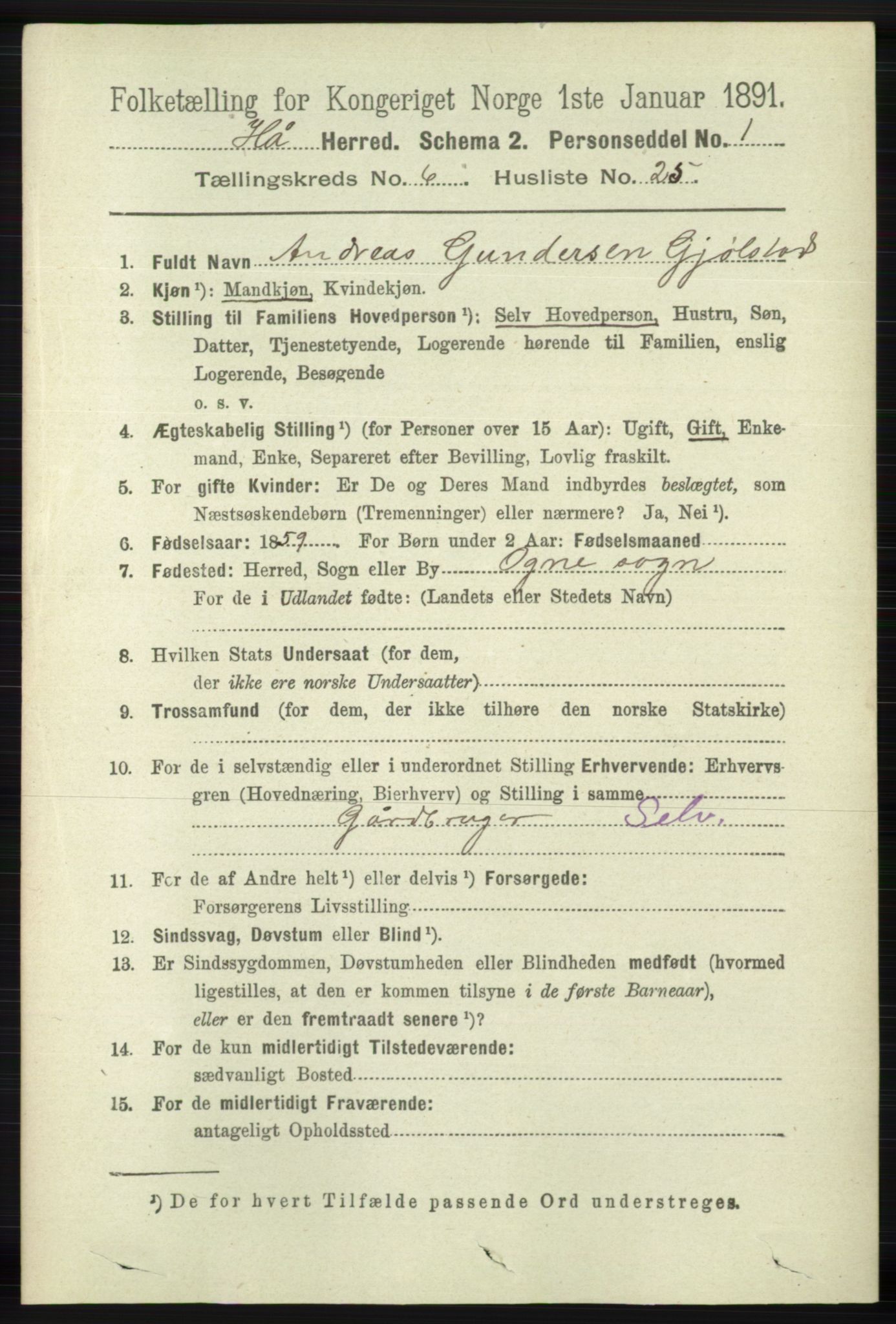 RA, 1891 census for 1119 Hå, 1891, p. 1884